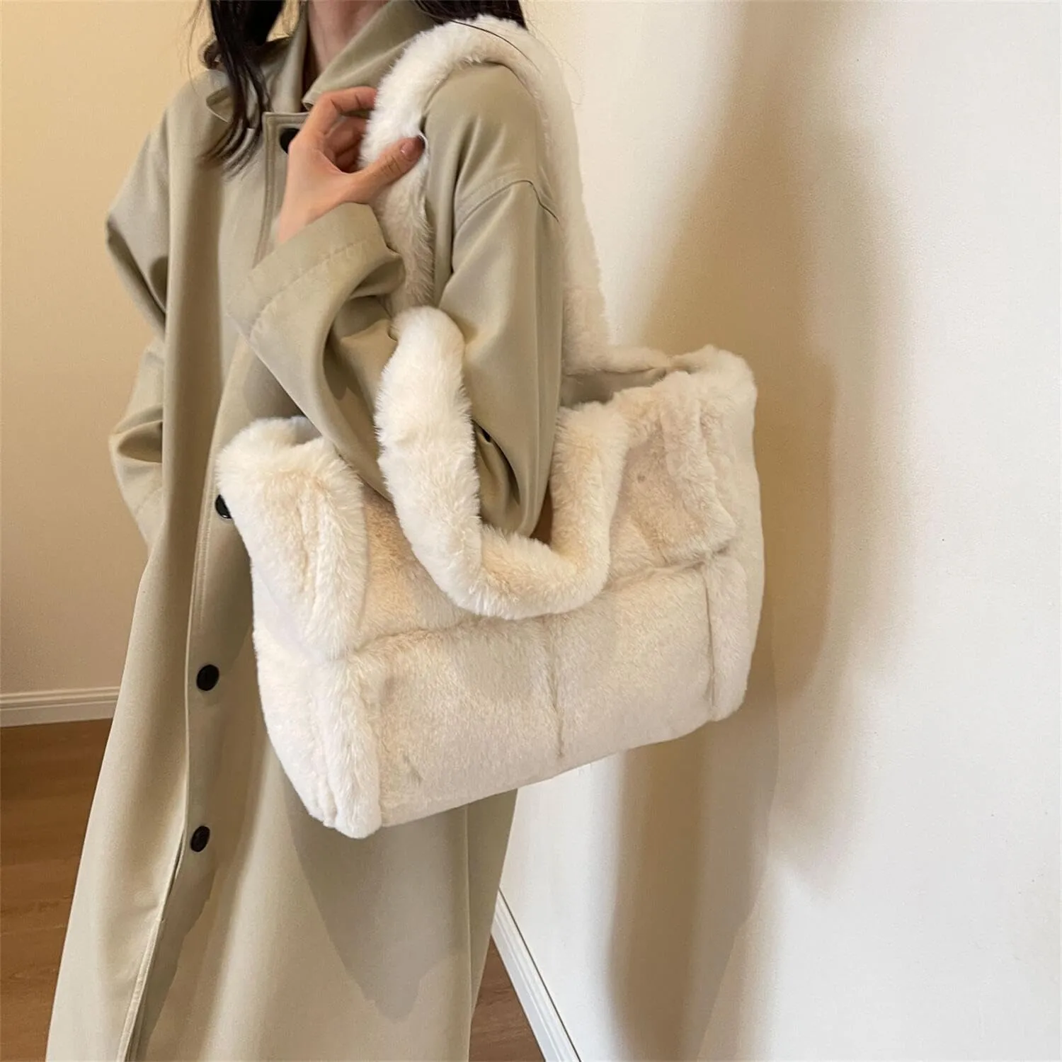 Soft Faux Fur Large Shoulder Tote Bag for Women Plush Handbag and Purse Furry Top Handle Bag