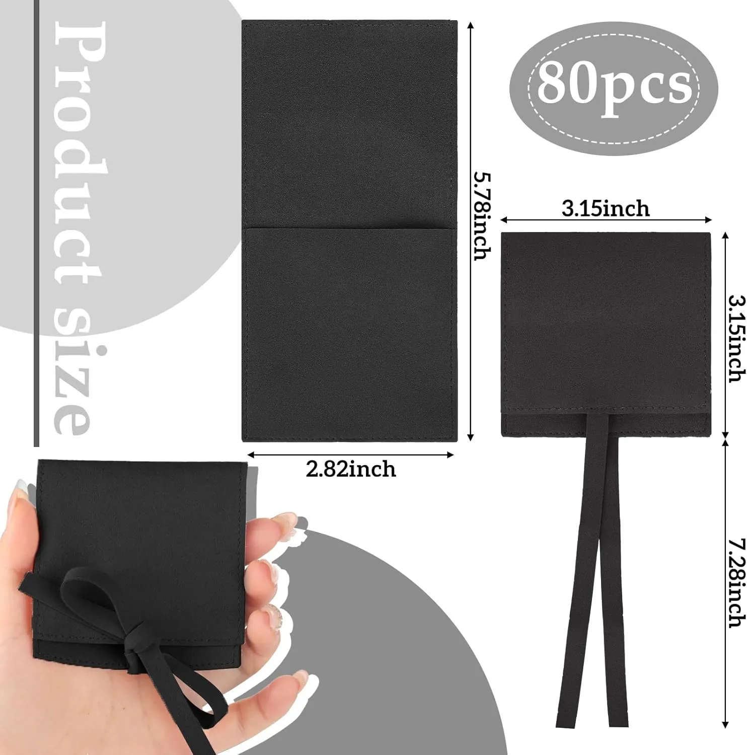 Sotiff 80 Pcs Microfiber Jewelry Pouch 8x8 cm Jewelry Packaging Bag Luxury Small Gift Bag for Small Business Envelope Style Bracelet Packaging Bow Tie Microfiber Pouch with Strings Divider(Black)