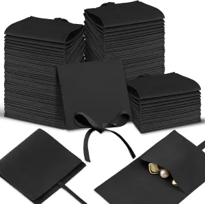 Sotiff 80 Pcs Microfiber Jewelry Pouch 8x8 cm Jewelry Packaging Bag Luxury Small Gift Bag for Small Business Envelope Style Bracelet Packaging Bow Tie Microfiber Pouch with Strings Divider(Black)