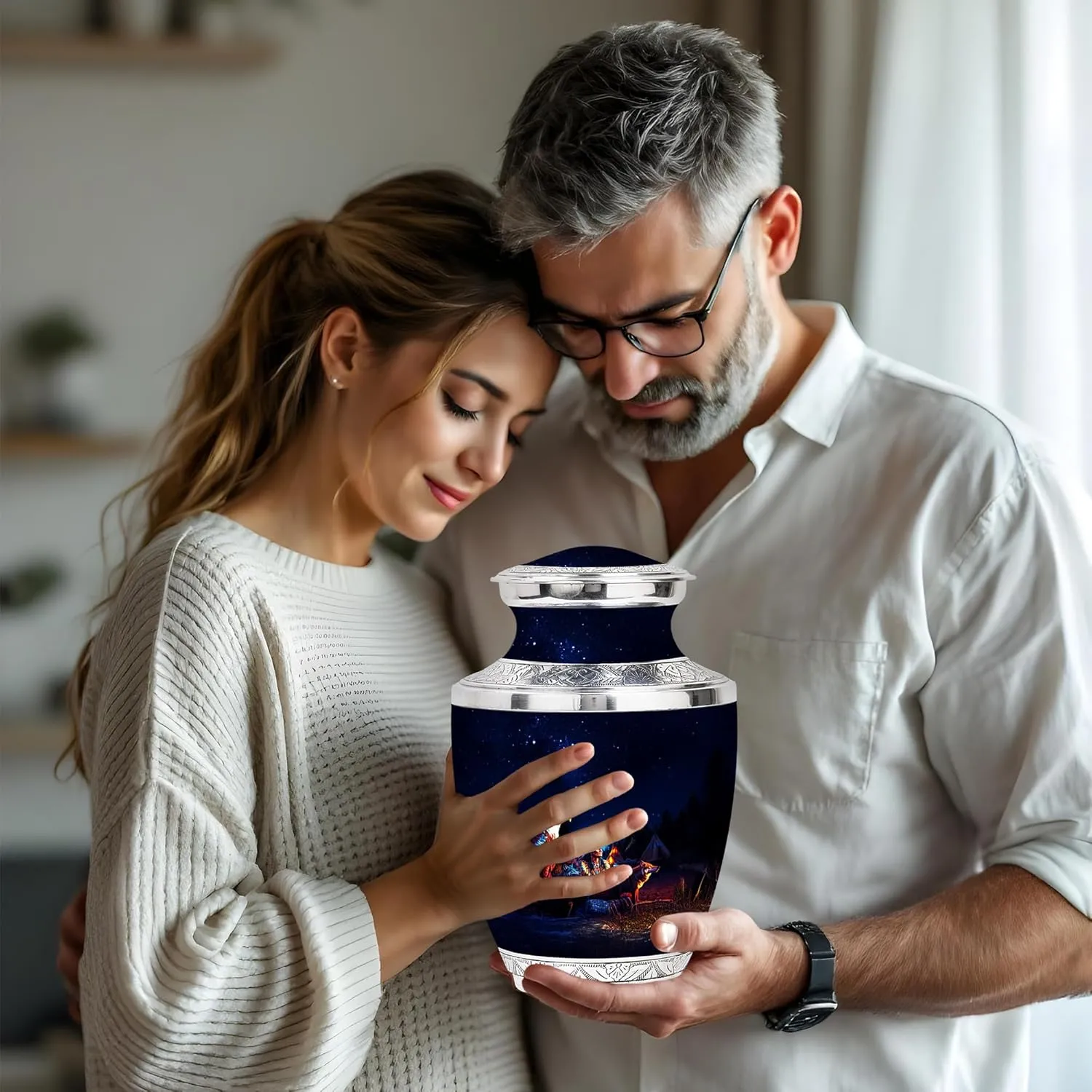 Spirit of The Wild Funeral Urn Set - 10" Ivory White Urn with 2 Keepsake Urns - Cremation Set for Human Ashes (Velvet Bag)