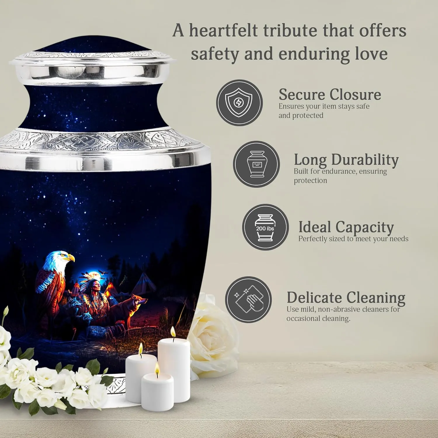 Spirit of The Wild Funeral Urn Set - 10" Ivory White Urn with 2 Keepsake Urns - Cremation Set for Human Ashes (Velvet Bag)