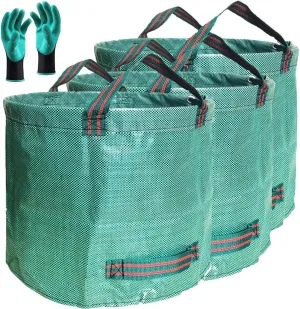 Standard 3-Pack 16 Gallons Home Garden Bags (D18, H15 inches) with Coated Gardening Gloves,Leaf Waste Bags,Patio Bag,Reusable Trash Can,Lawn Yard Waste Bags,Laundry Container with 4 handles