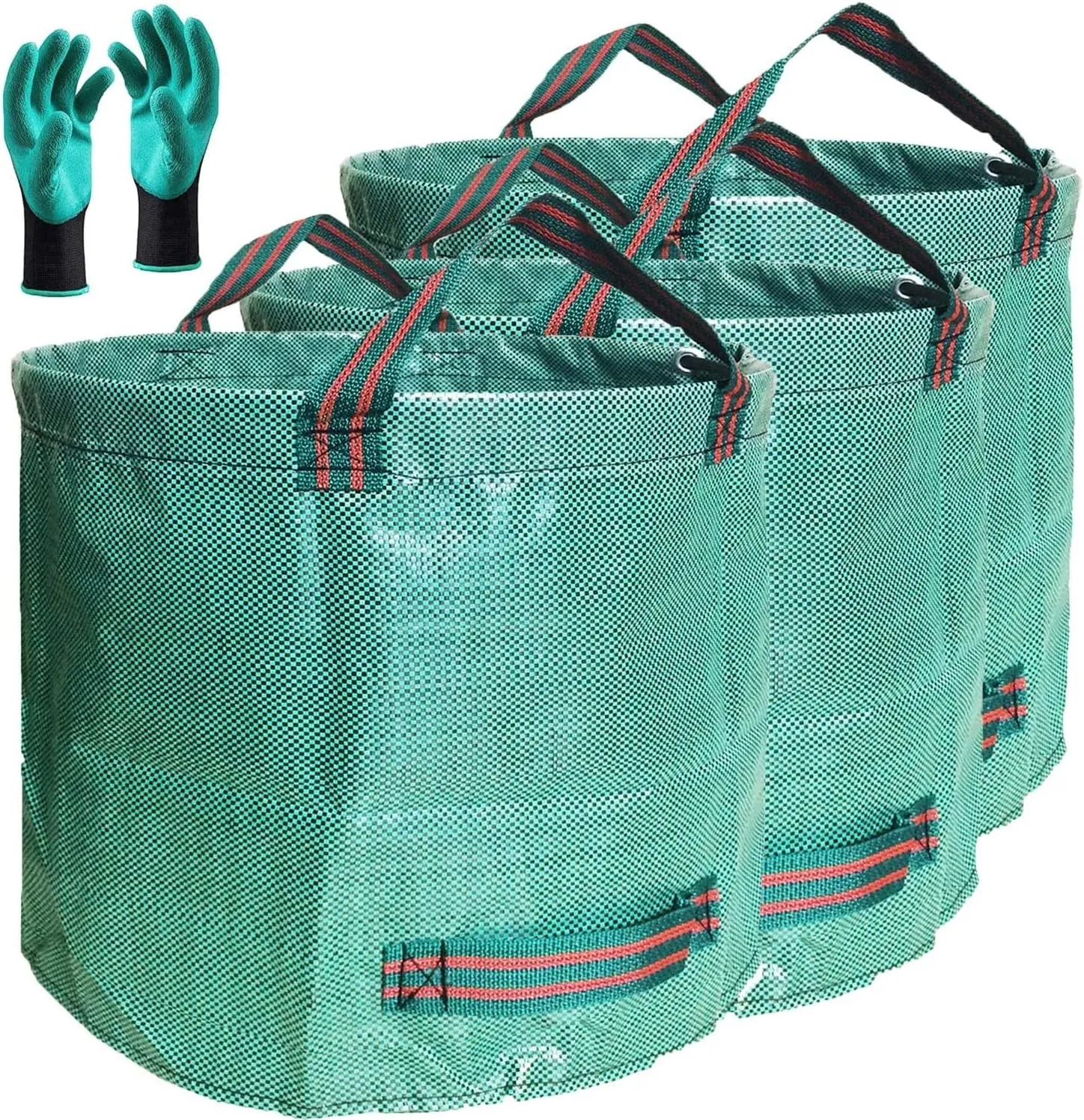 Standard 3-Pack 16 Gallons Home Garden Bags (D18, H15 inches) with Coated Gardening Gloves,Leaf Waste Bags,Patio Bag,Reusable Trash Can,Lawn Yard Waste Bags,Laundry Container with 4 handles