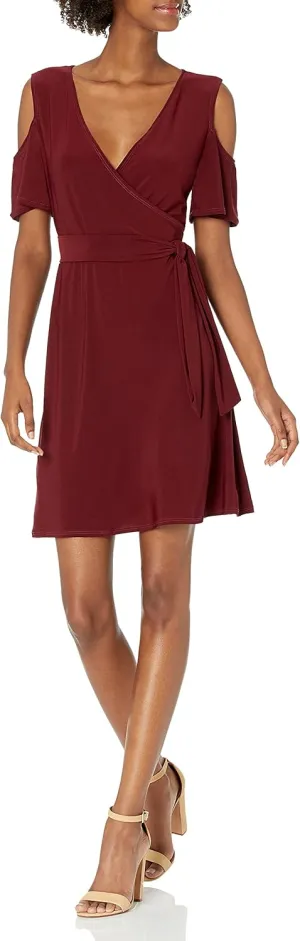 Star Vixen Women's Cutout Cold Shoulder Short Sleeve Faux Wrap Dress