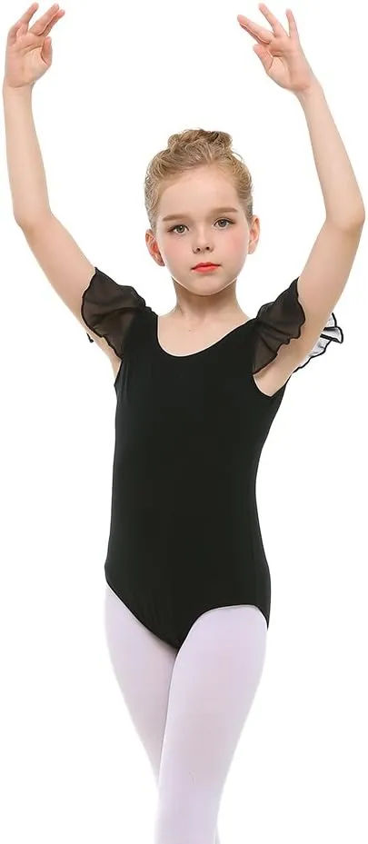 Stelle Girls Leotards Black Ballet Dance Leotards Ruffle Short Sleeve Gymnastics Outfits(Toddler/Little Kid/Big Kid)