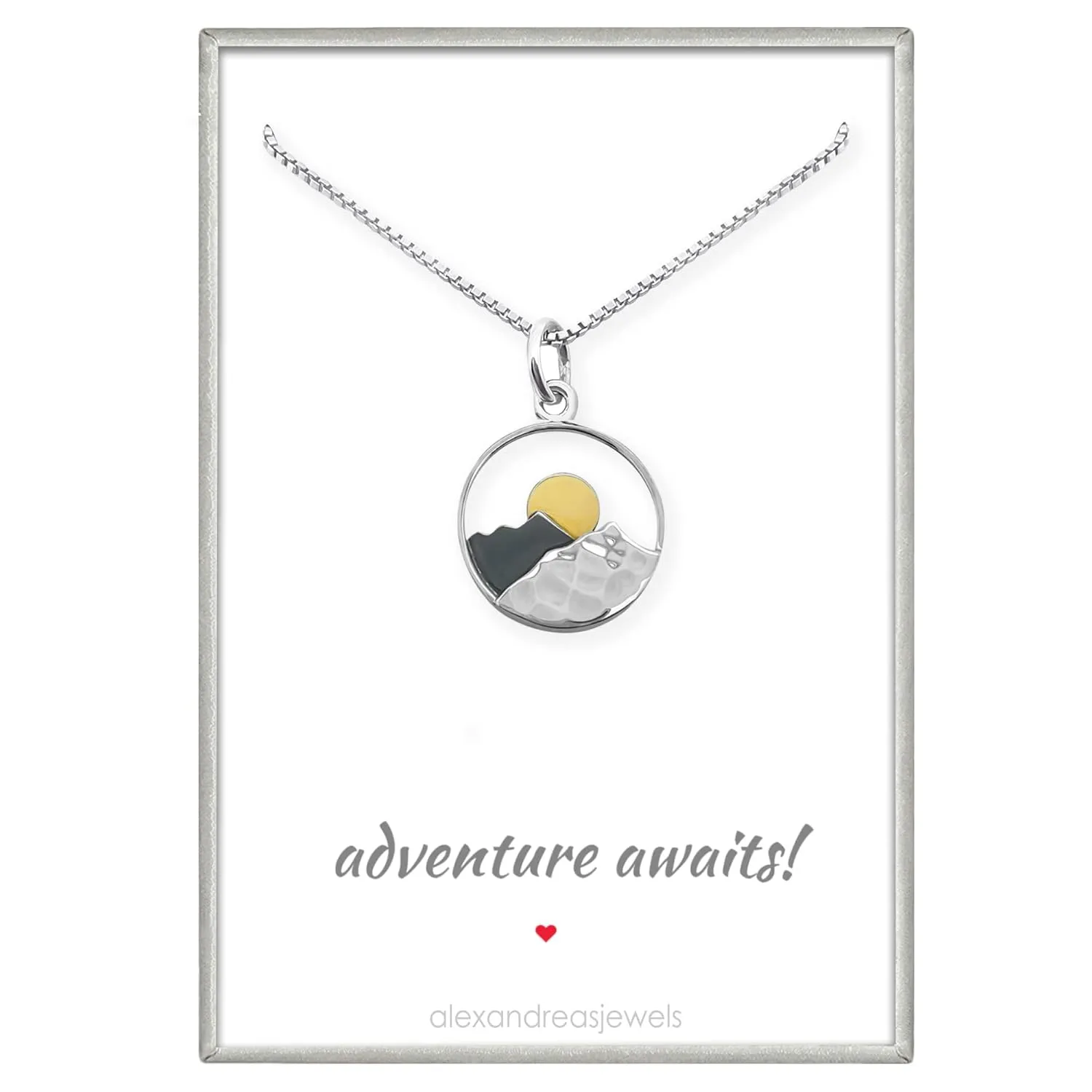 Sterling Silver Mountain Range and Bronze Sun Necklace, Mountain Necklace for Women, Travel Necklace, Outdoors Necklace (16 inches   2-inch extender)