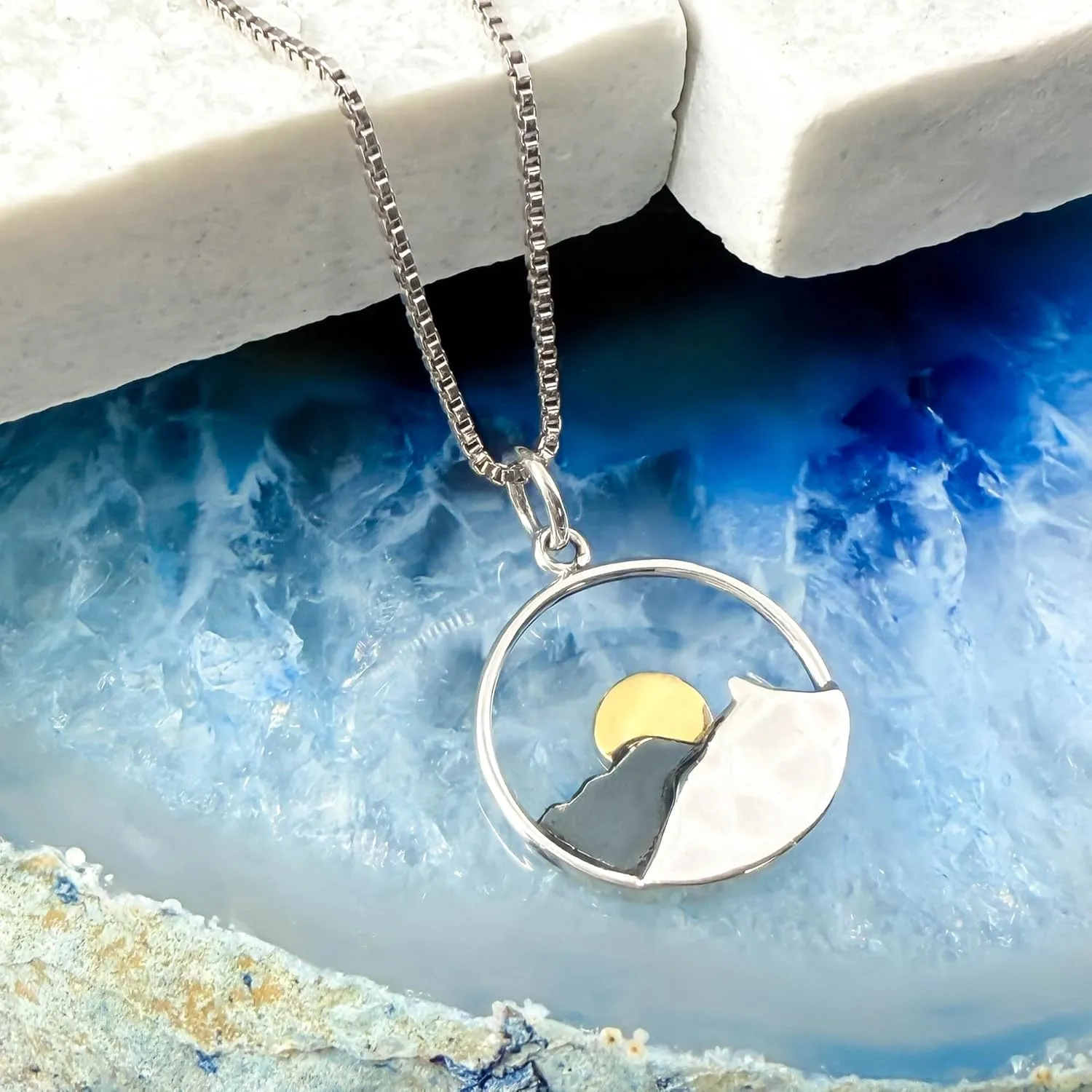 Sterling Silver Mountain Range and Bronze Sun Necklace, Mountain Necklace for Women, Travel Necklace, Outdoors Necklace (16 inches   2-inch extender)