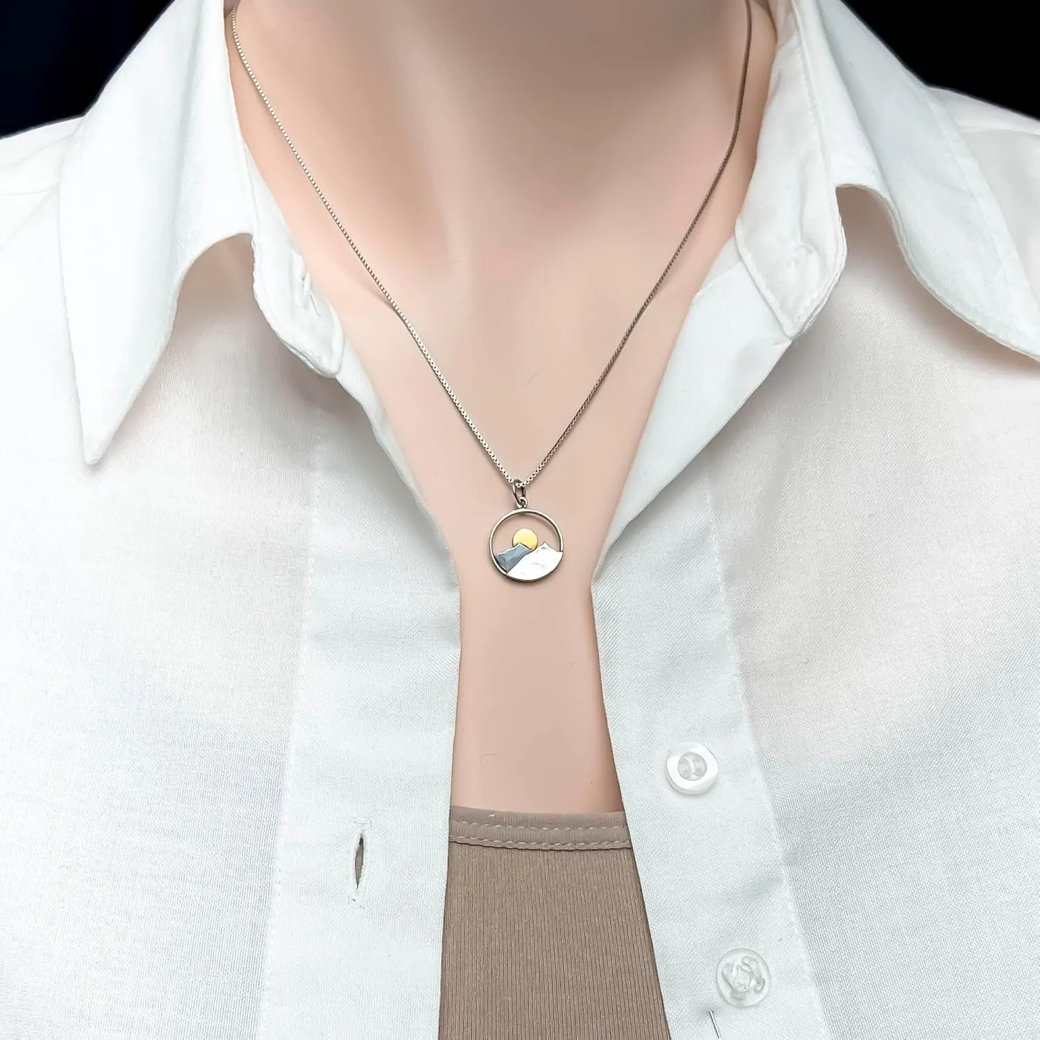 Sterling Silver Mountain Range and Bronze Sun Necklace, Mountain Necklace for Women, Travel Necklace, Outdoors Necklace (16 inches   2-inch extender)