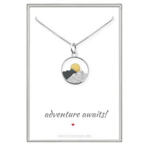 Sterling Silver Mountain Range and Bronze Sun Necklace, Mountain Necklace for Women, Travel Necklace, Outdoors Necklace (16 inches   2-inch extender)