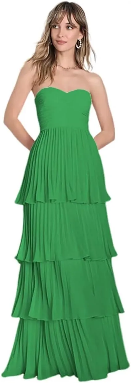 Strapless Tiered Prom Dresses 2025 for Women Sweetheart Chiffon Ruched Formal Dress for Cocktail Party NA37
