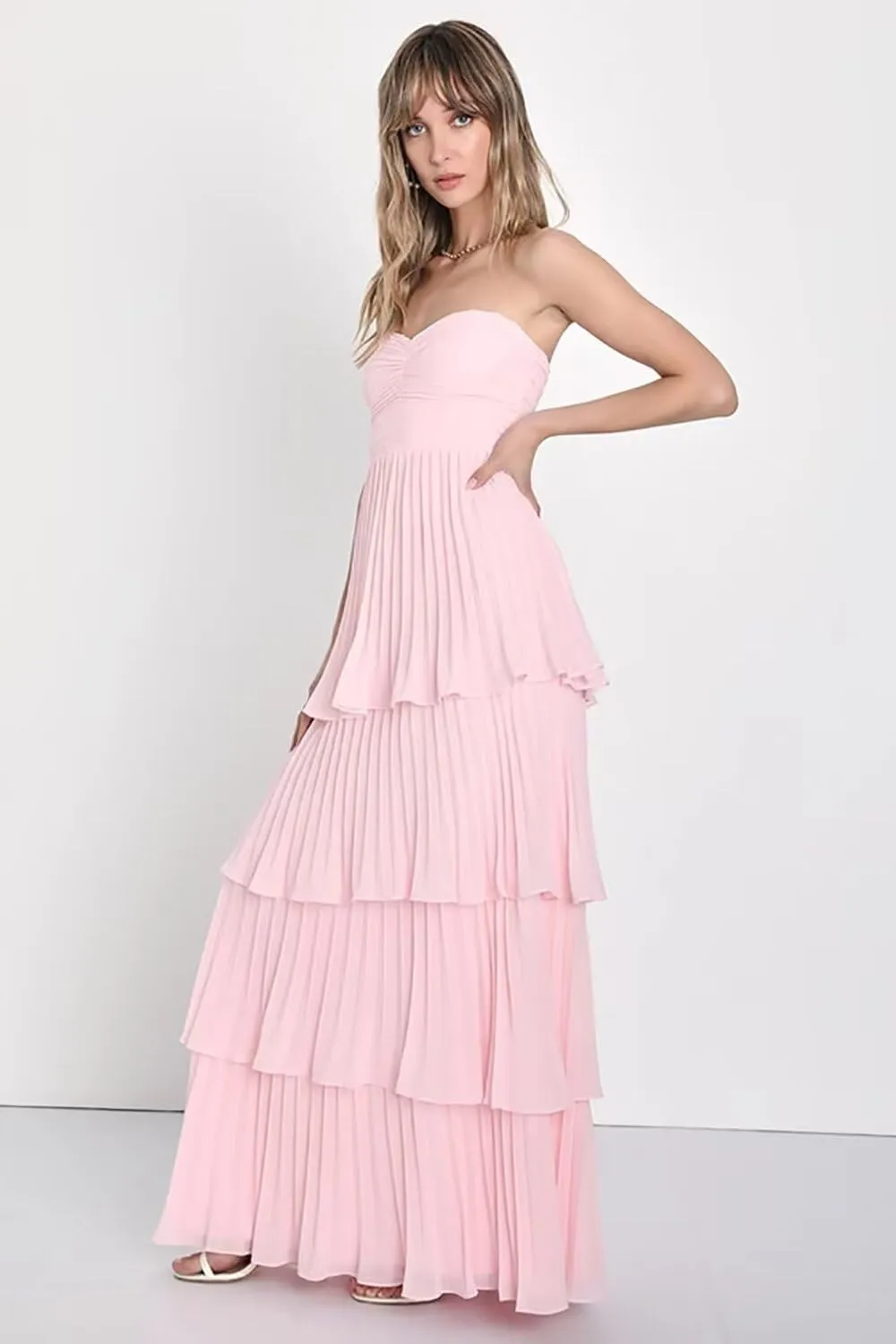 Strapless Tiered Prom Dresses 2025 for Women Sweetheart Chiffon Ruched Formal Dress for Cocktail Party NA37