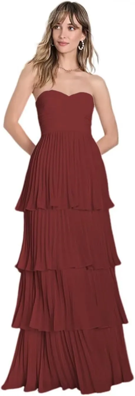 Strapless Tiered Prom Dresses 2025 for Women Sweetheart Chiffon Ruched Formal Dress for Cocktail Party NA37