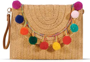 Straw Bag Crossbody Bag for Women, Color Ball Clutch Purses, Bohemian Handmade Woven Handbags, Summer Beach Bag, Envelope Wallet