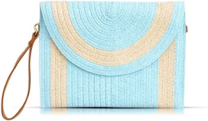 Straw Clutch Purses for Women, Crossbody Bags, Bohemian Handmade Envelope Package, Leather Wristbands, Summer Beach Handbags Suitable for Vacation Travel Daily Matching(Blue)
