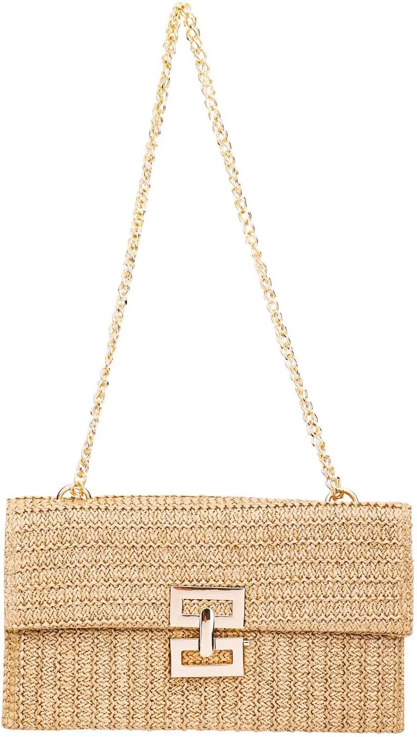 Straw Clutch Purses, Summer Beach Straw Clutch Handbag with Chain Straw Tote Shoulder Bag Envelope Clutch for Women Boho Style Straw Wallet for Wedding Party