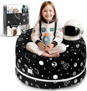 Stuffed Animal Storage Bean Bag Chair Cover for Kids & Adults | Washable XL Stuffie Seat | 100% Cotton | Pouf Organizer for Plush Toys, Linens, Quilts & Pillows | Space Explorer