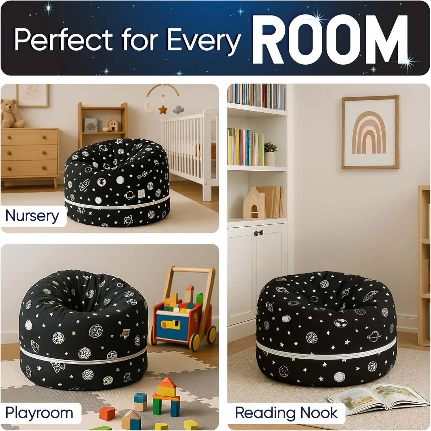 Stuffed Animal Storage Bean Bag Chair Cover for Kids & Adults | Washable XL Stuffie Seat | 100% Cotton | Pouf Organizer for Plush Toys, Linens, Quilts & Pillows | Space Explorer