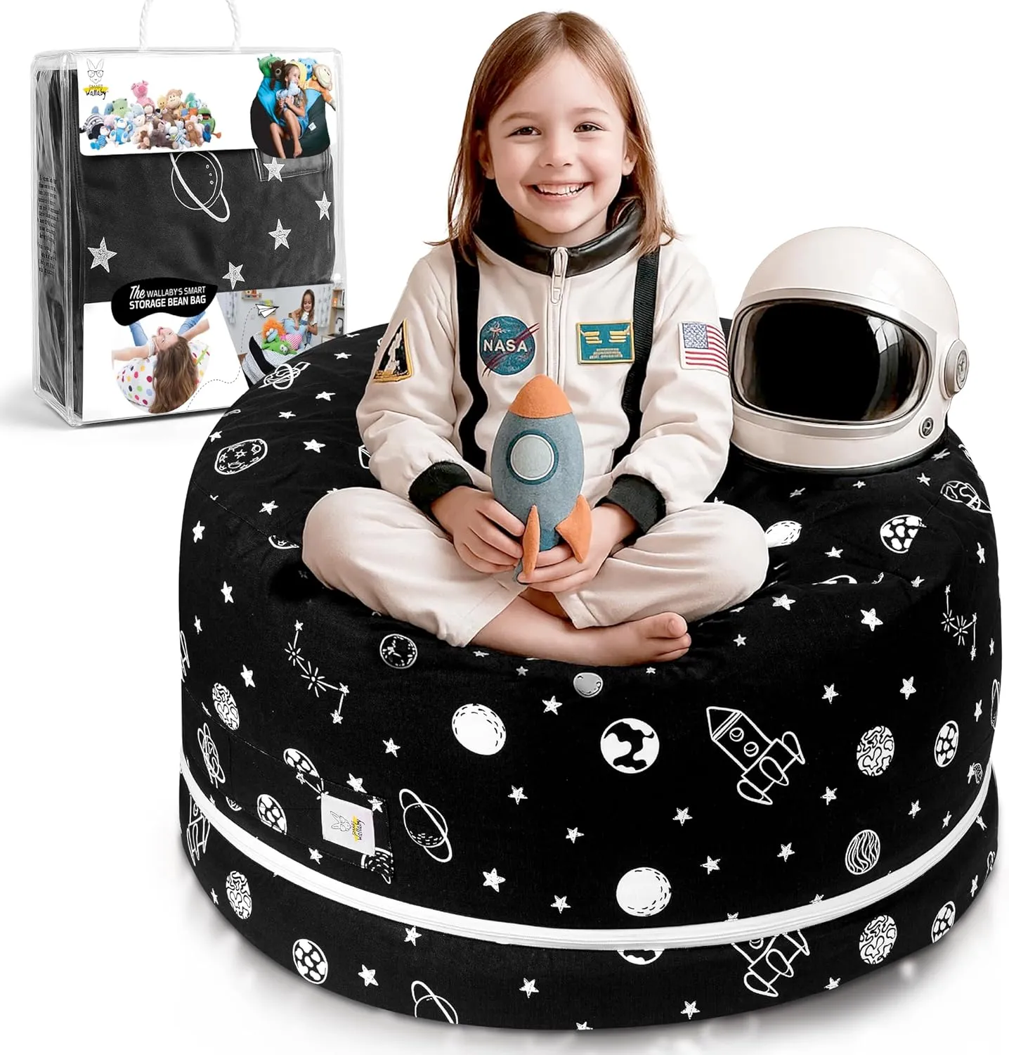 Stuffed Animal Storage Bean Bag Chair Cover for Kids & Adults | Washable XL Stuffie Seat | 100% Cotton | Pouf Organizer for Plush Toys, Linens, Quilts & Pillows | Space Explorer
