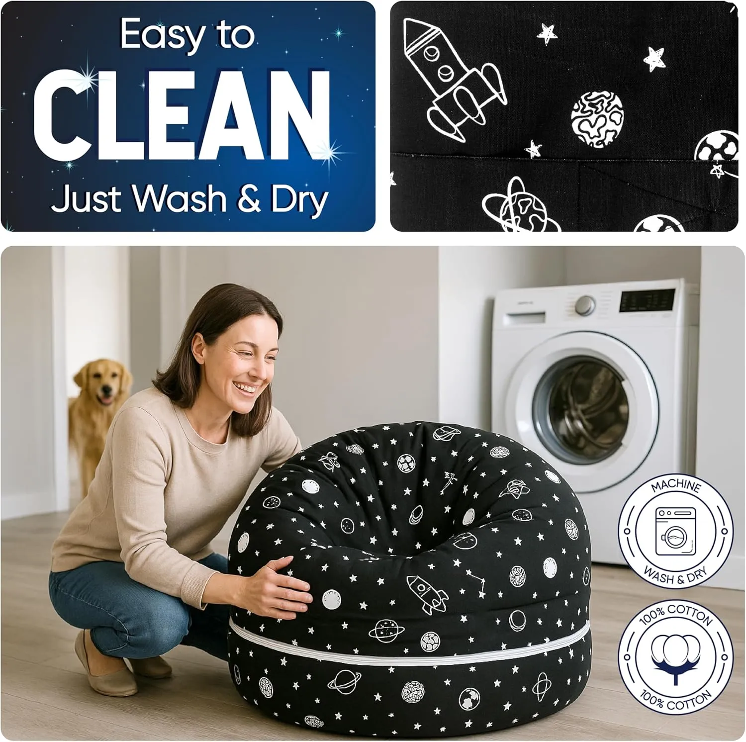 Stuffed Animal Storage Bean Bag Chair Cover for Kids & Adults | Washable XL Stuffie Seat | 100% Cotton | Pouf Organizer for Plush Toys, Linens, Quilts & Pillows | Space Explorer