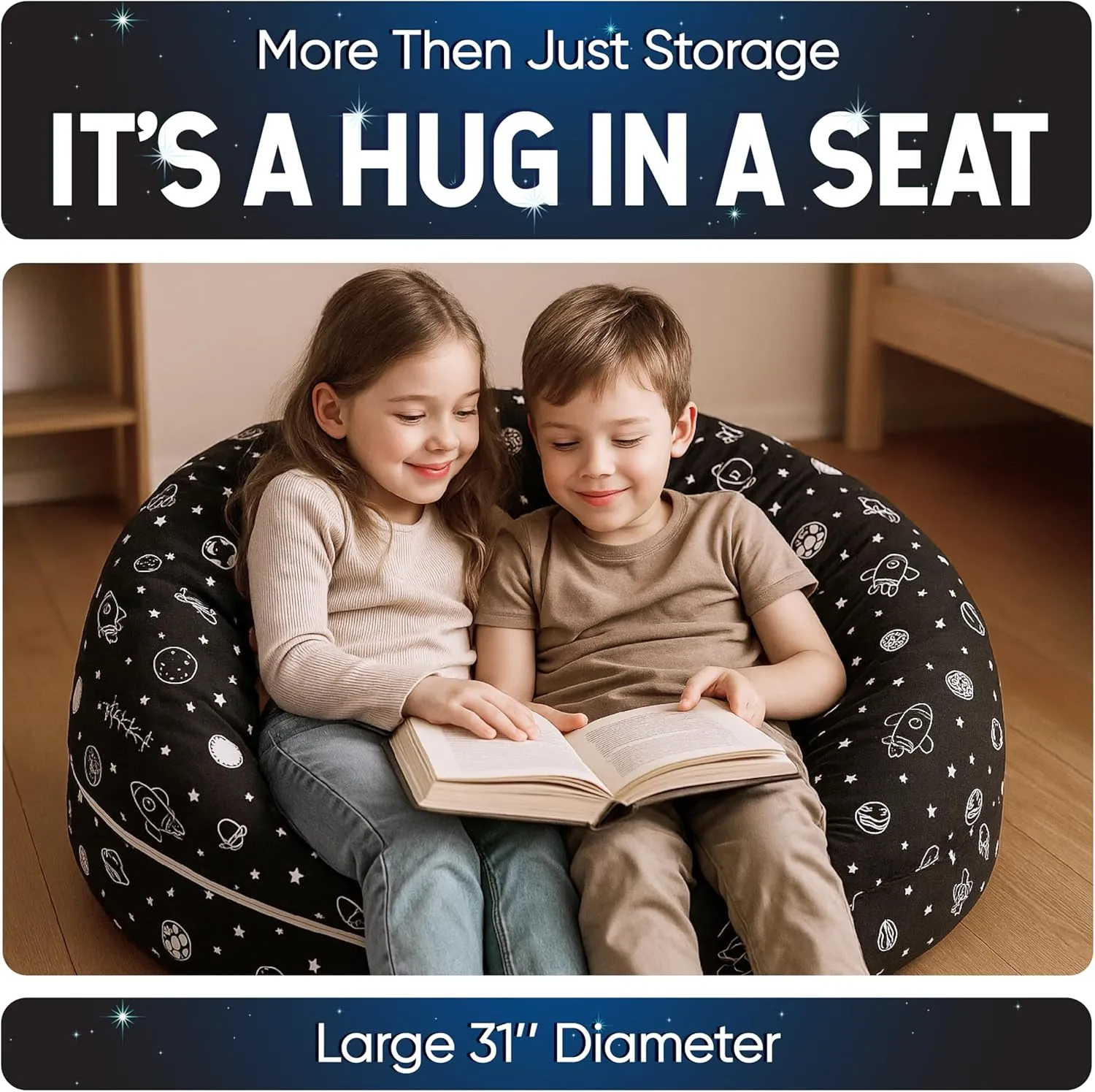 Stuffed Animal Storage Bean Bag Chair Cover for Kids & Adults | Washable XL Stuffie Seat | 100% Cotton | Pouf Organizer for Plush Toys, Linens, Quilts & Pillows | Space Explorer