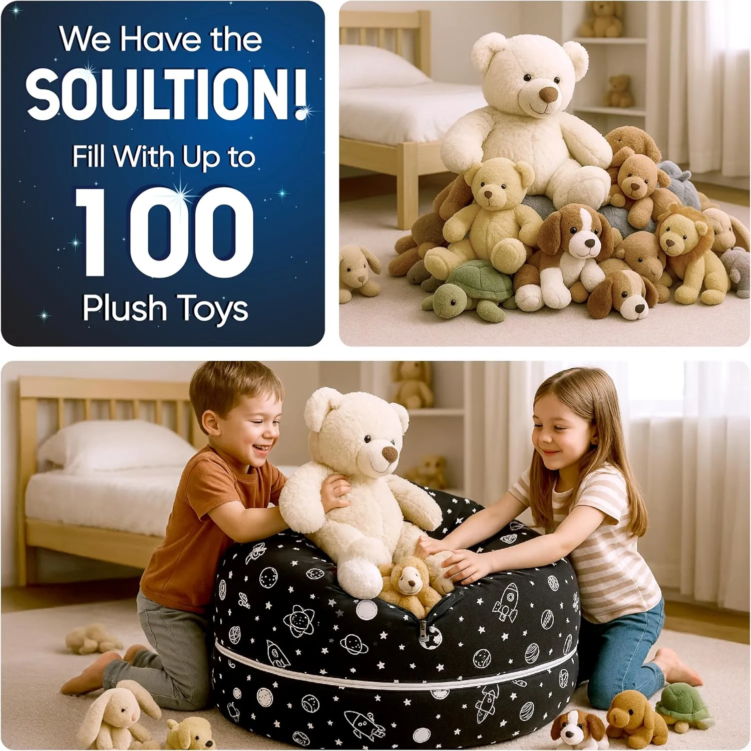 Stuffed Animal Storage Bean Bag Chair Cover for Kids & Adults | Washable XL Stuffie Seat | 100% Cotton | Pouf Organizer for Plush Toys, Linens, Quilts & Pillows | Space Explorer