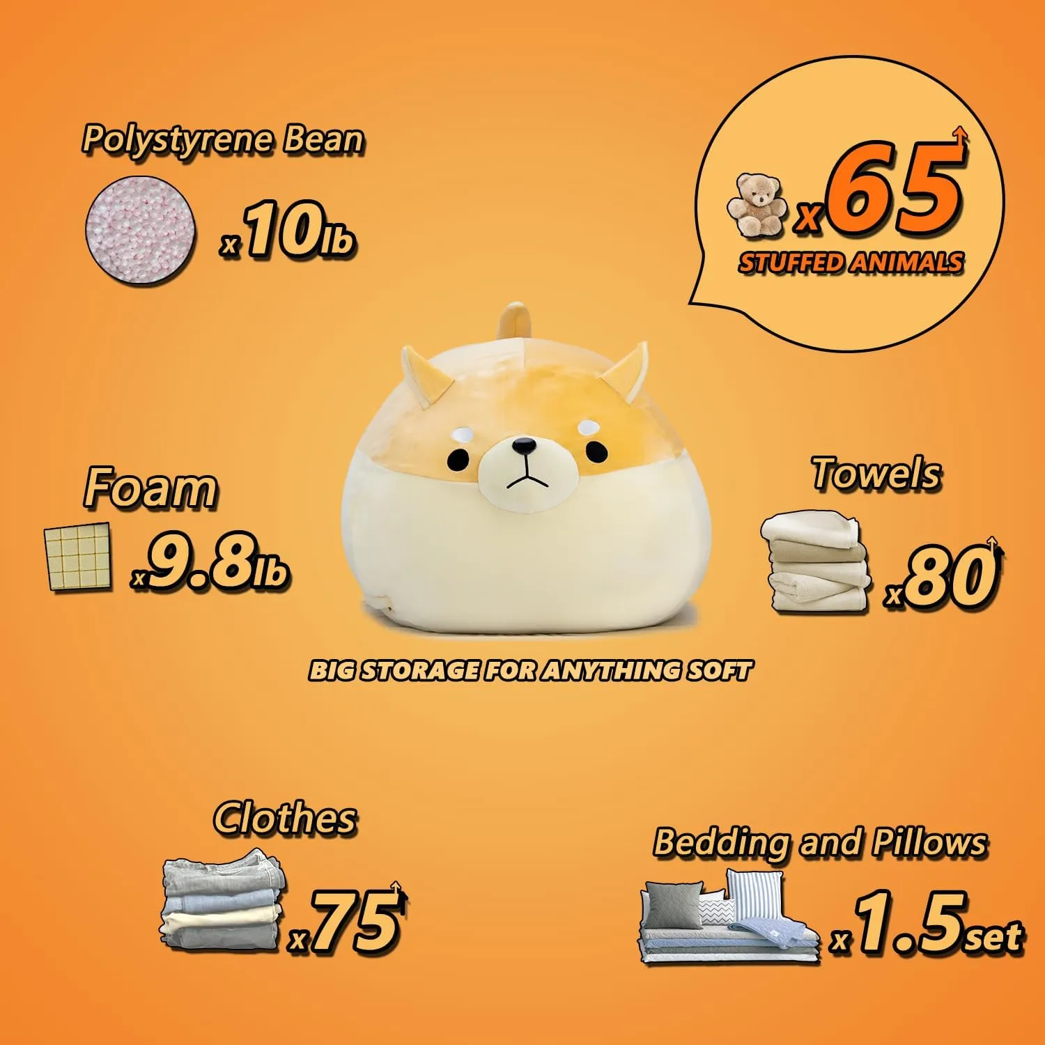 Stuffed Animal Storage Bean Bag Chair Cover for Kids Yellow Dog Shiba Inu Bean Bag Chair for Girls XX-Large Size Toy Organizer Cover Only Without Filling