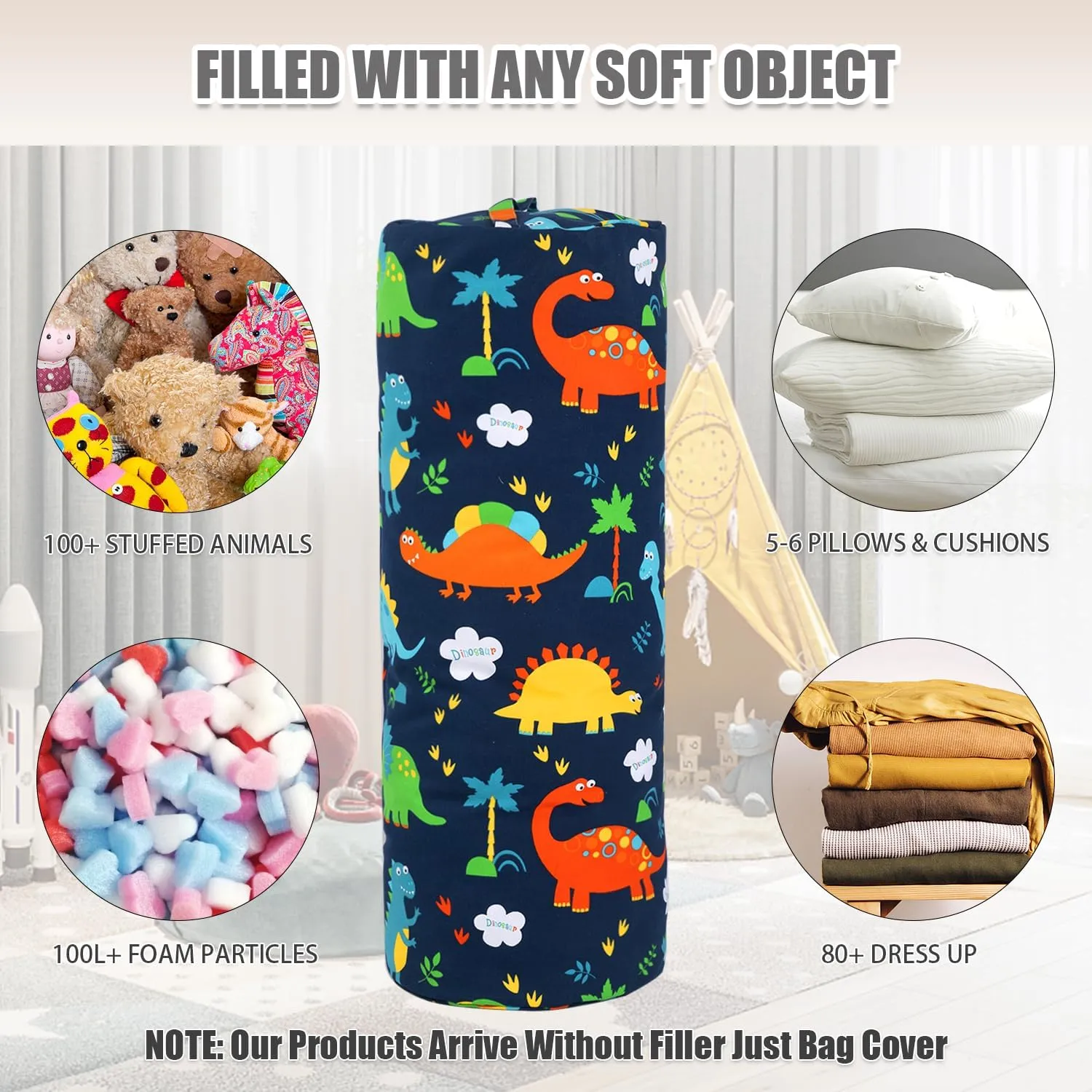 Stuffed Animal Storage Bean Bag Chair Cover (No Filler), Cylinder Plush Toy Storage Stuff and Sit Seat for Kids Boys and Girls, Canvas Large Soft Sit & Play Sofa with YKK Zipper