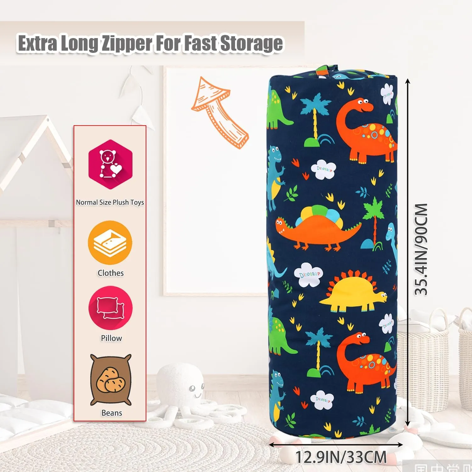 Stuffed Animal Storage Bean Bag Chair Cover (No Filler), Cylinder Plush Toy Storage Stuff and Sit Seat for Kids Boys and Girls, Canvas Large Soft Sit & Play Sofa with YKK Zipper