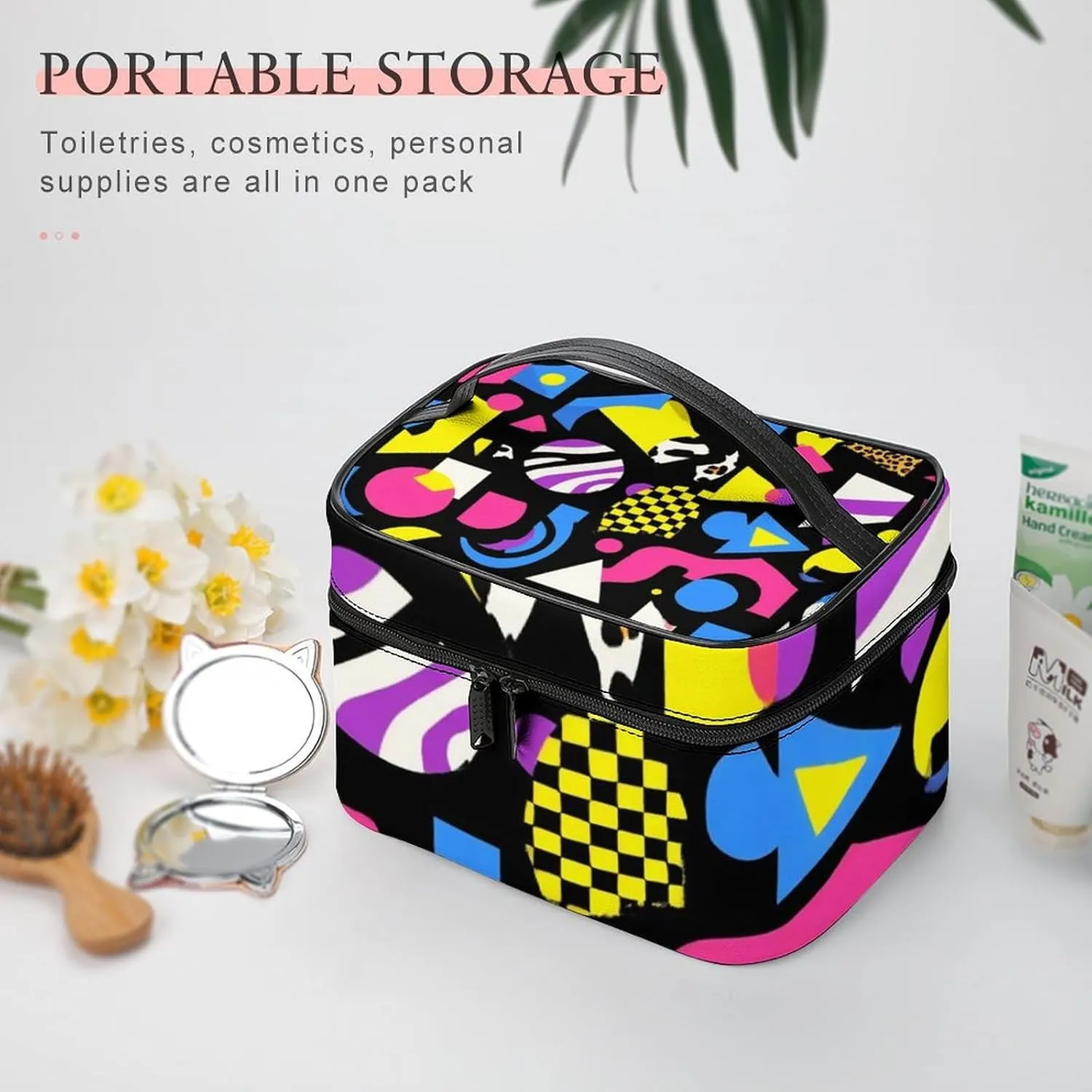 Stylish Cosmetic Bag for Women, Travel Toiletry Storage Bag with with Zipper Pouch Black Retro 80s 90s Makeup Organizer Case