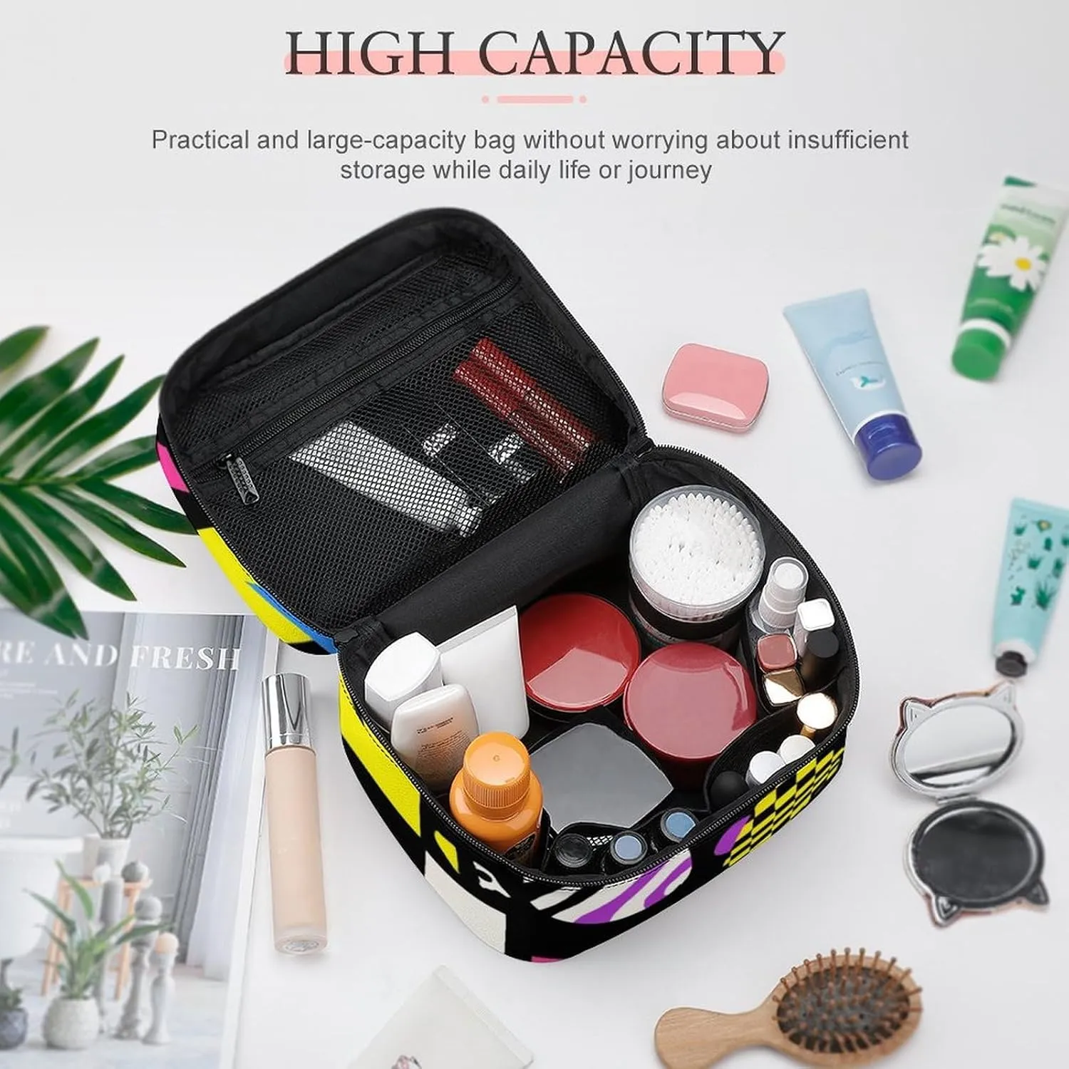Stylish Cosmetic Bag for Women, Travel Toiletry Storage Bag with with Zipper Pouch Black Retro 80s 90s Makeup Organizer Case