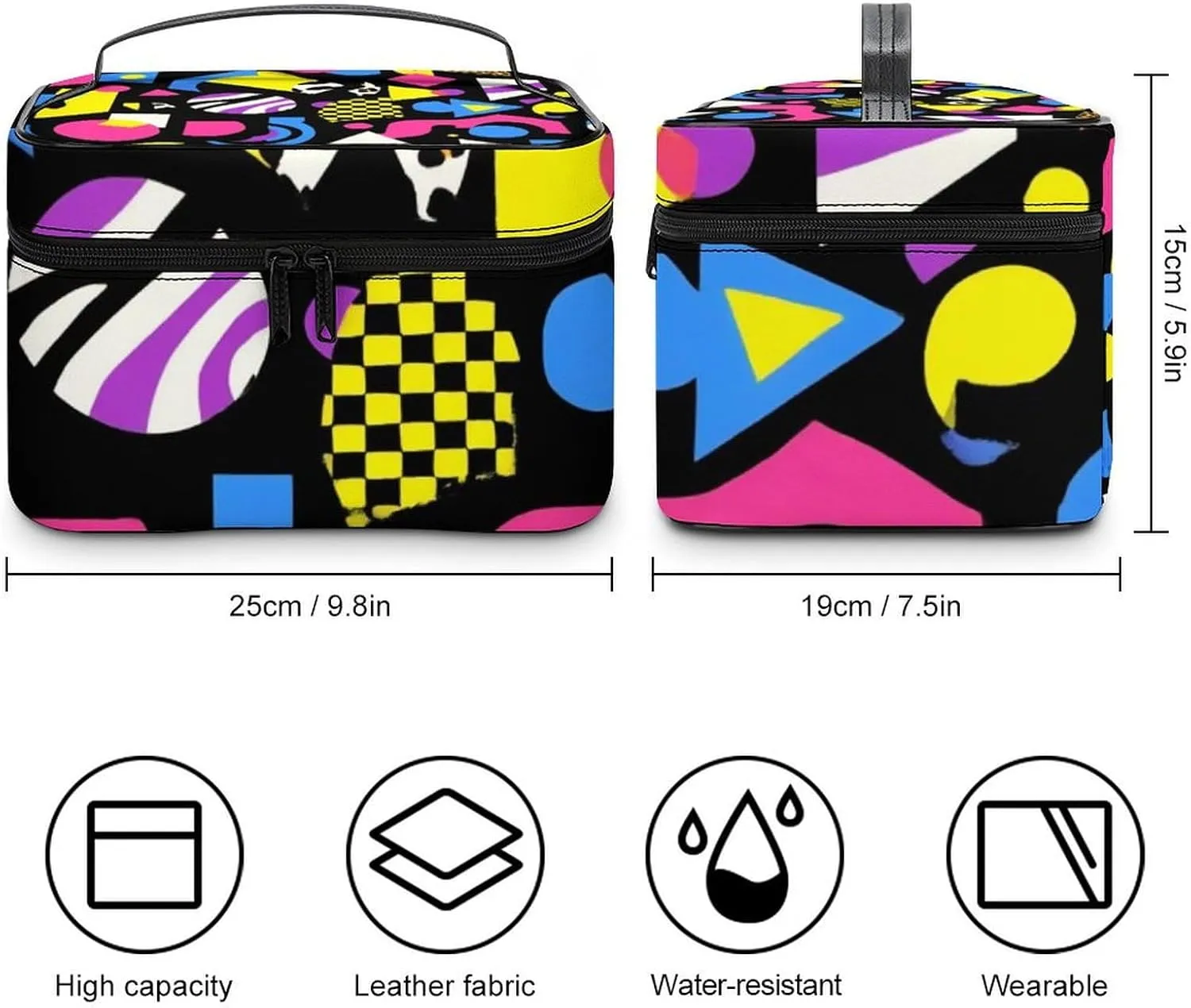 Stylish Cosmetic Bag for Women, Travel Toiletry Storage Bag with with Zipper Pouch Black Retro 80s 90s Makeup Organizer Case
