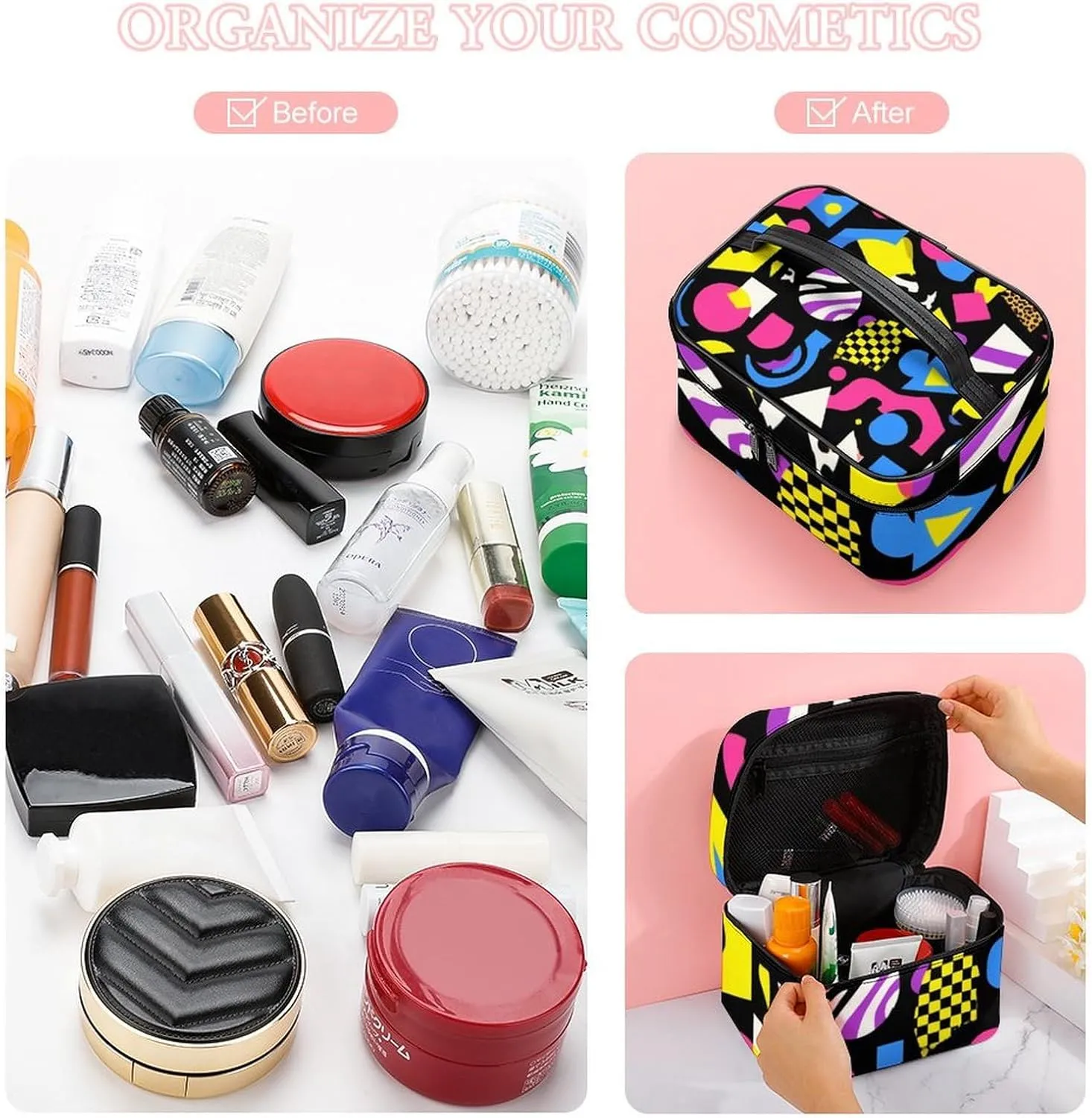 Stylish Cosmetic Bag for Women, Travel Toiletry Storage Bag with with Zipper Pouch Black Retro 80s 90s Makeup Organizer Case