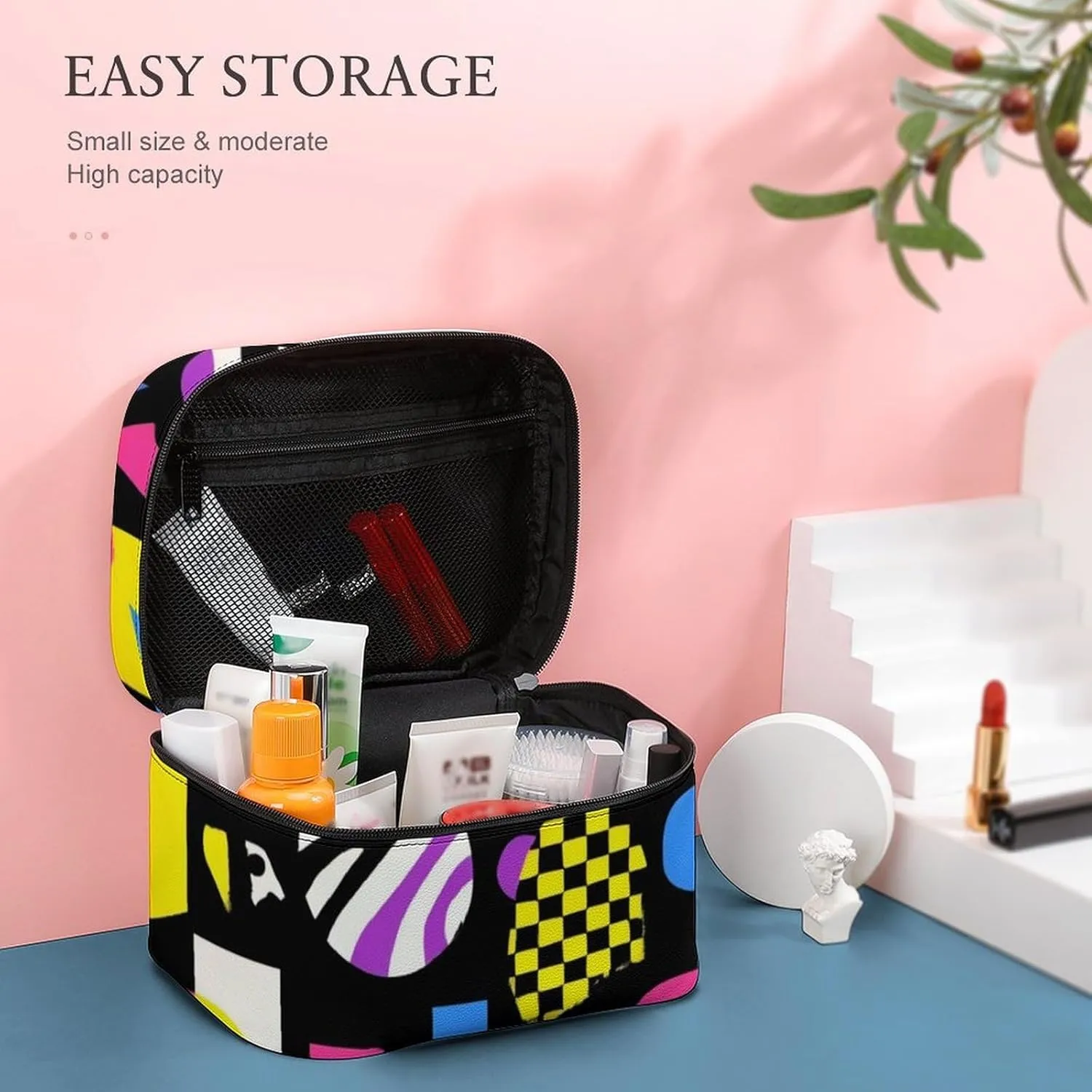 Stylish Cosmetic Bag for Women, Travel Toiletry Storage Bag with with Zipper Pouch Black Retro 80s 90s Makeup Organizer Case