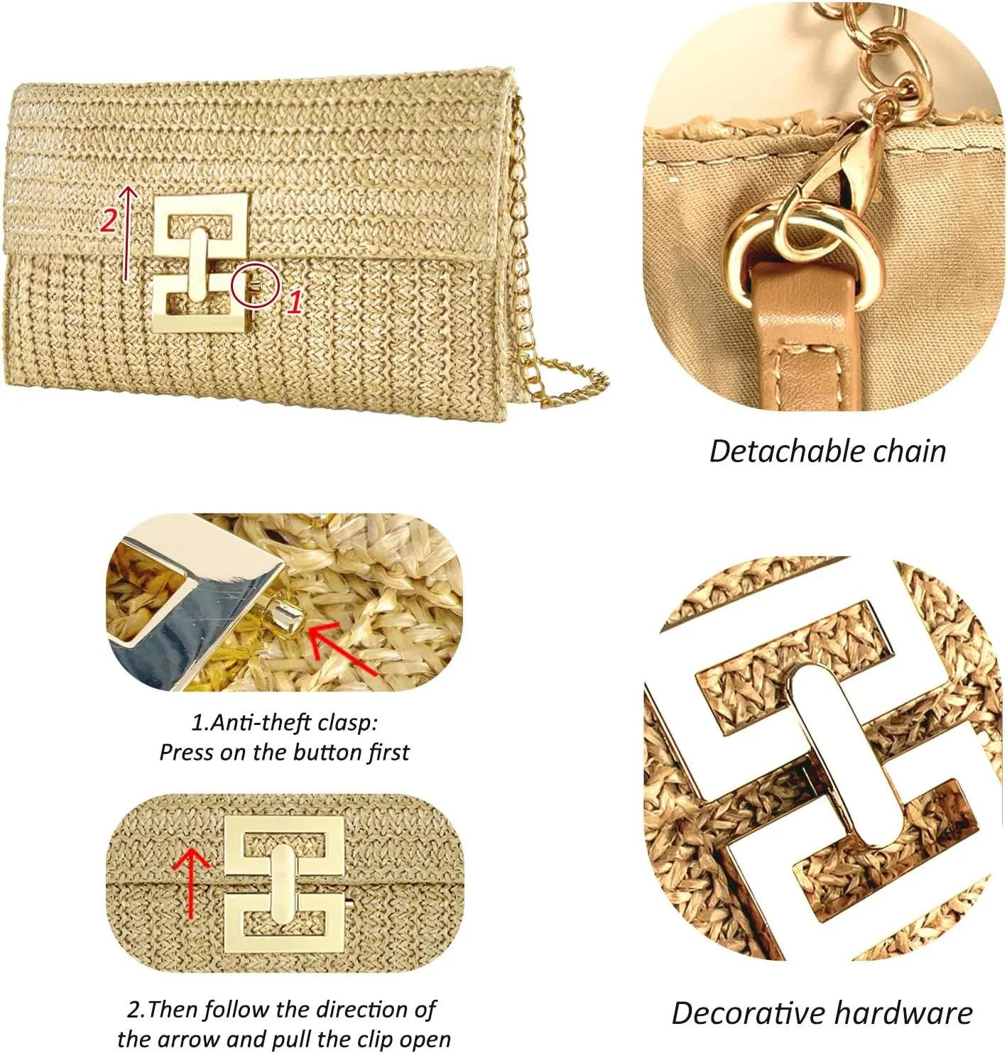 Summer Straw Clutch Purses for Women Woven Beach Bag Evening Purse Envelope Clutch with Detachable Strap