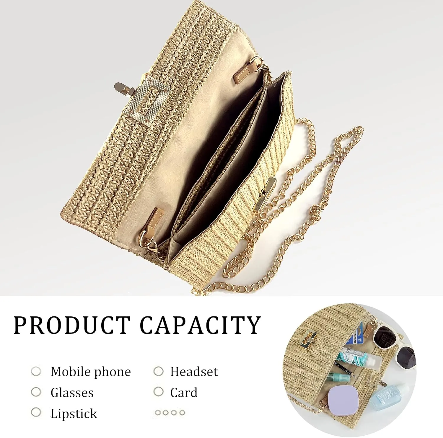 Summer Straw Clutch Purses for Women Woven Beach Bag Evening Purse Envelope Clutch with Detachable Strap