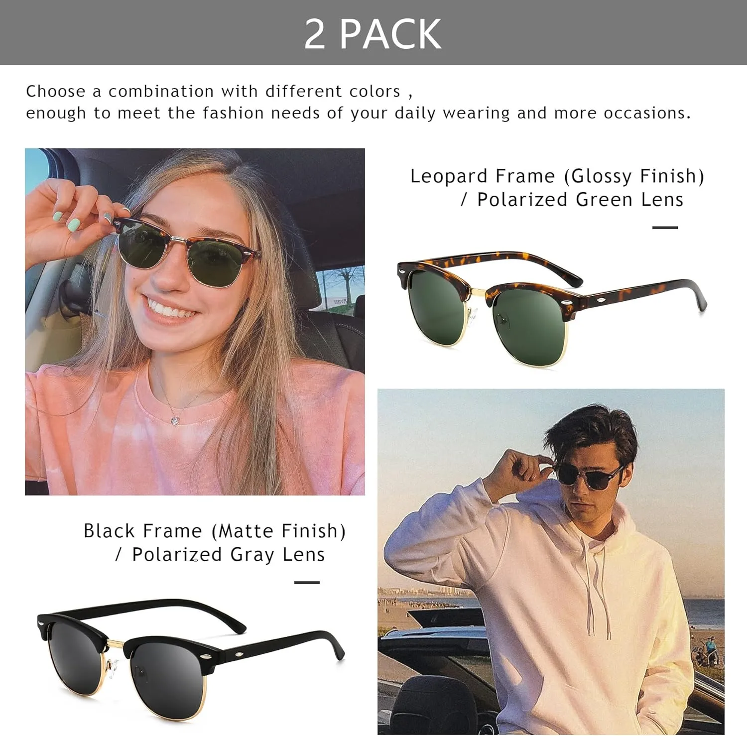 SUNGAIT Polarized Sunglasses for Men and Women, Classic Half-Frame Retro Shades for Driving, Travel, and Outdoor Activities