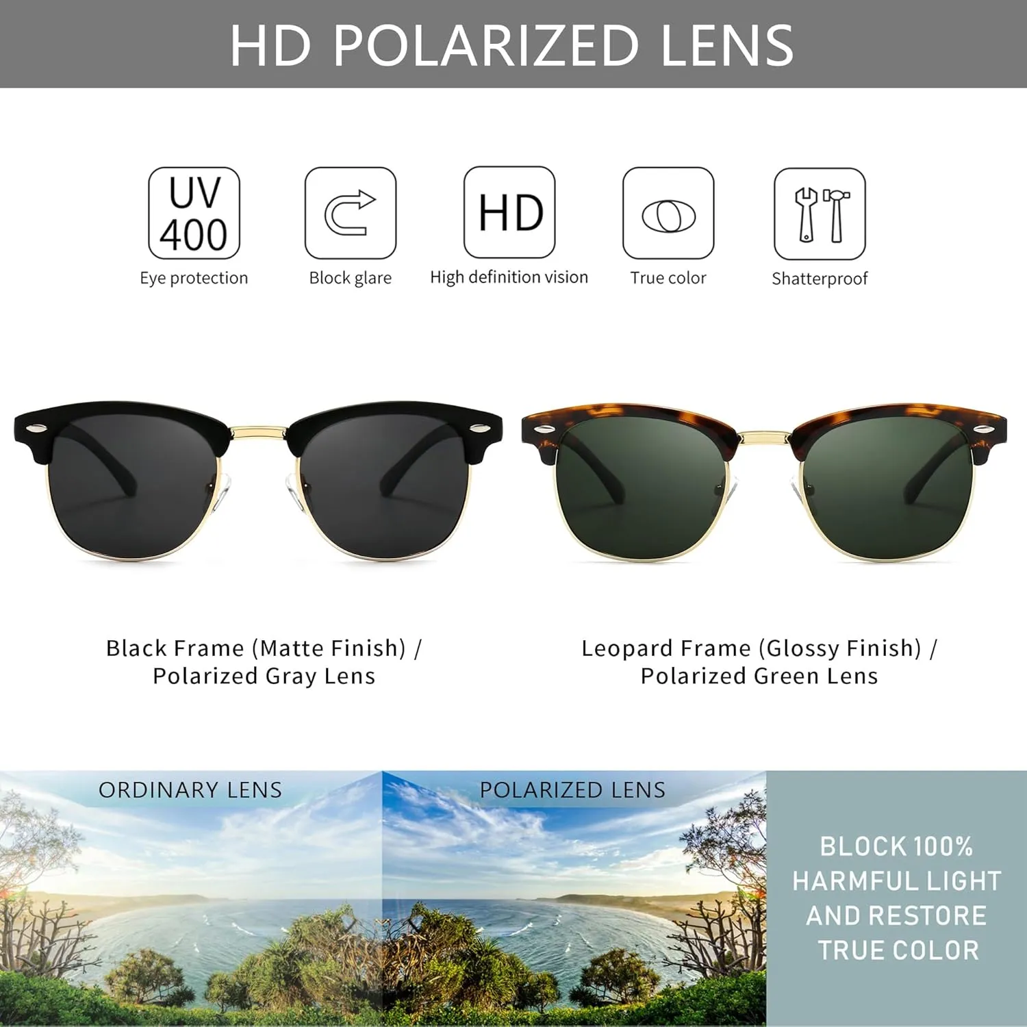 SUNGAIT Polarized Sunglasses for Men and Women, Classic Half-Frame Retro Shades for Driving, Travel, and Outdoor Activities