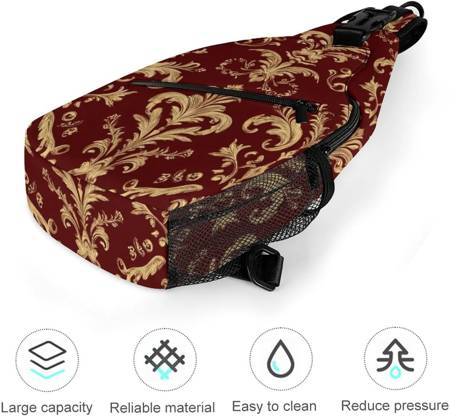 Supdreamc Ultra Lightweight Sling Bag Backpack Chest Day Bag Multipurpose Anti-Theft Backpacking for Outdoor Cycling Hiking Travel, Tool Backpack (Flower Maroon Gold Floral Classy Burgundy Antique)