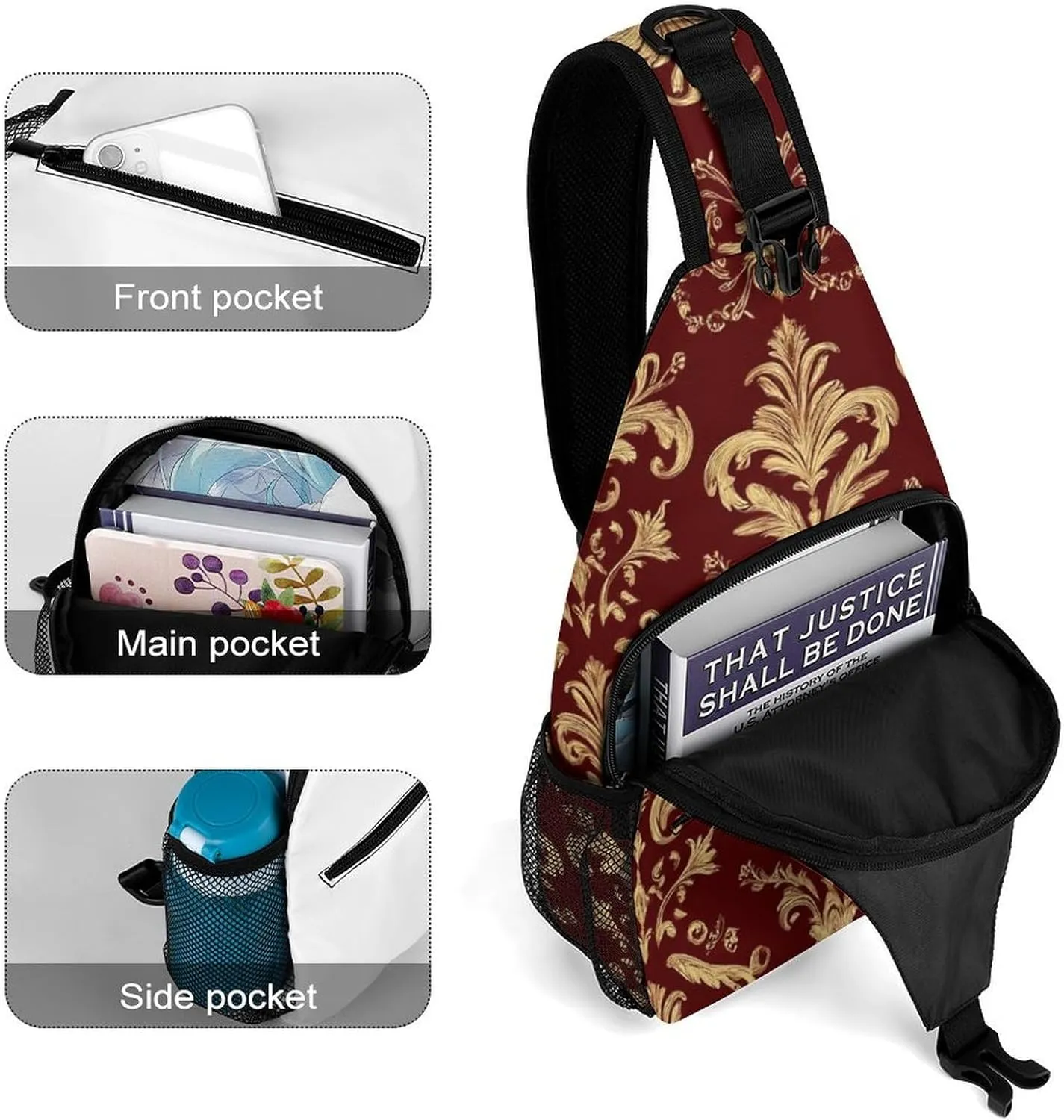 Supdreamc Ultra Lightweight Sling Bag Backpack Chest Day Bag Multipurpose Anti-Theft Backpacking for Outdoor Cycling Hiking Travel, Tool Backpack (Flower Maroon Gold Floral Classy Burgundy Antique)