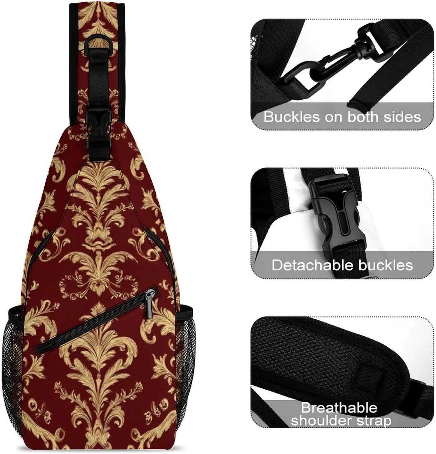 Supdreamc Ultra Lightweight Sling Bag Backpack Chest Day Bag Multipurpose Anti-Theft Backpacking for Outdoor Cycling Hiking Travel, Tool Backpack (Flower Maroon Gold Floral Classy Burgundy Antique)