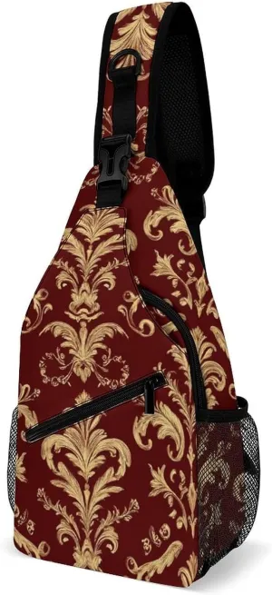 Supdreamc Ultra Lightweight Sling Bag Backpack Chest Day Bag Multipurpose Anti-Theft Backpacking for Outdoor Cycling Hiking Travel, Tool Backpack (Flower Maroon Gold Floral Classy Burgundy Antique)