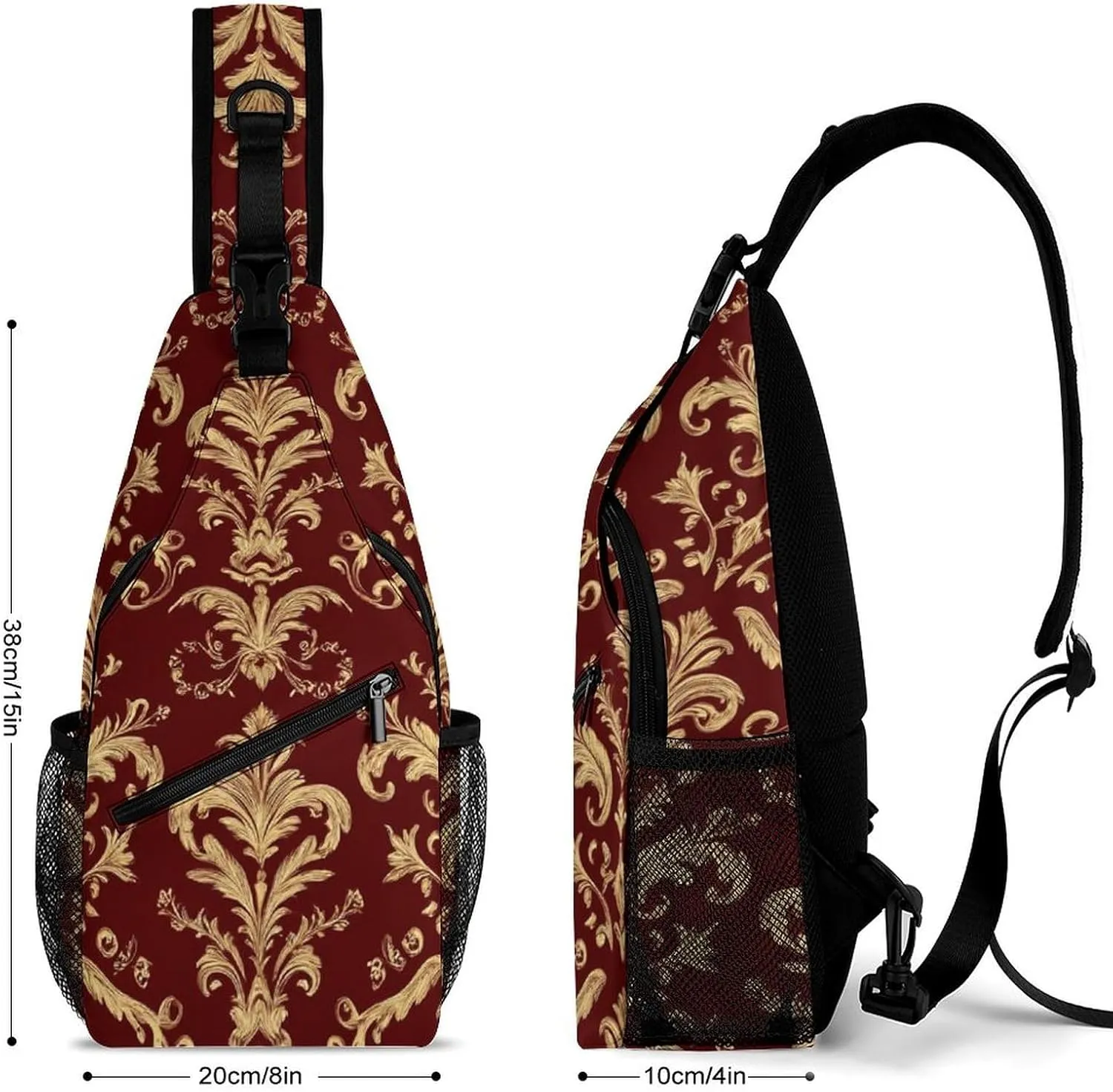 Supdreamc Ultra Lightweight Sling Bag Backpack Chest Day Bag Multipurpose Anti-Theft Backpacking for Outdoor Cycling Hiking Travel, Tool Backpack (Flower Maroon Gold Floral Classy Burgundy Antique)