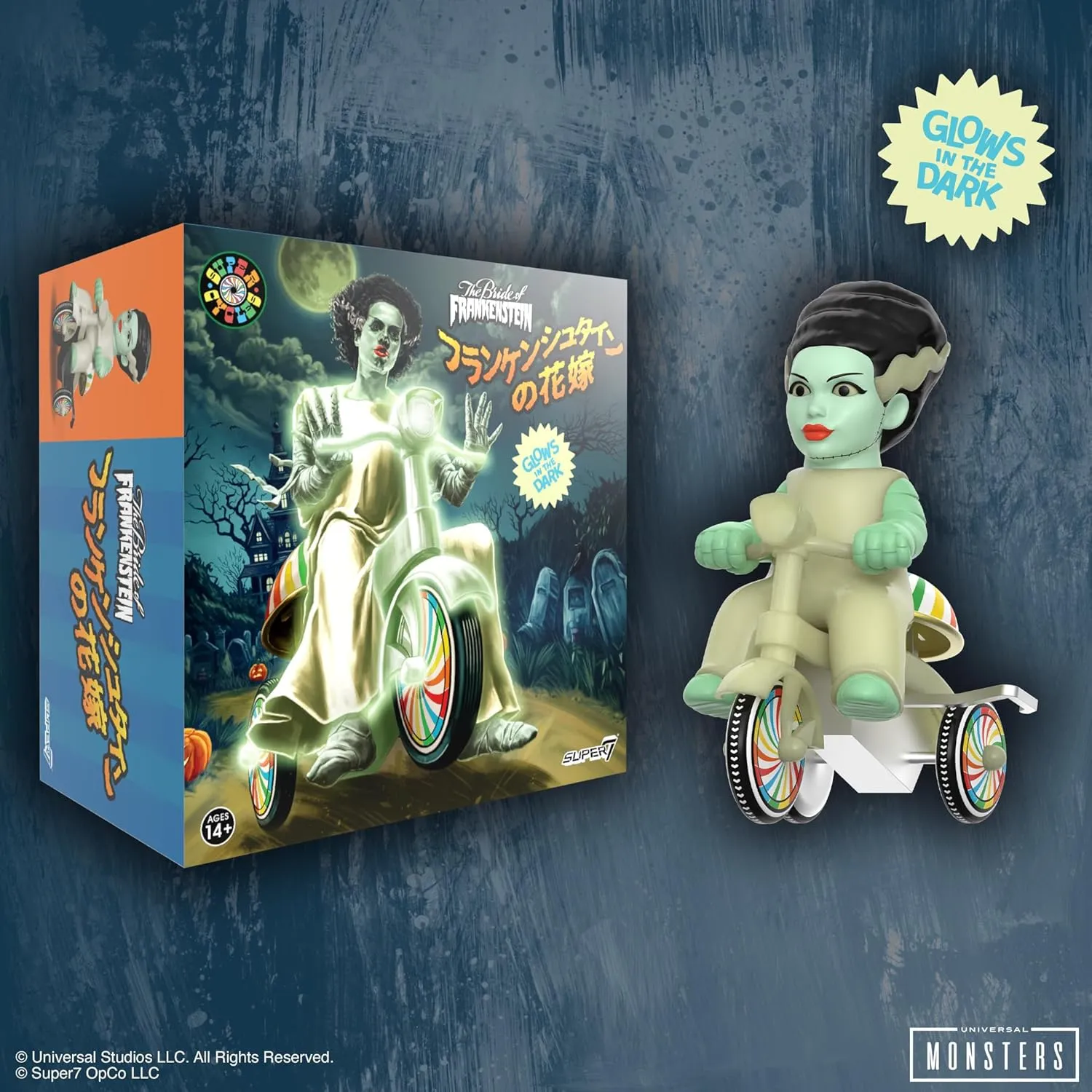 Super7 Super Cycles Universal Monsters Bride of Frankenstein with Wind-Up Glow Trike - 5" Universal Monsters Action Figure Collectibles and Retro Toys