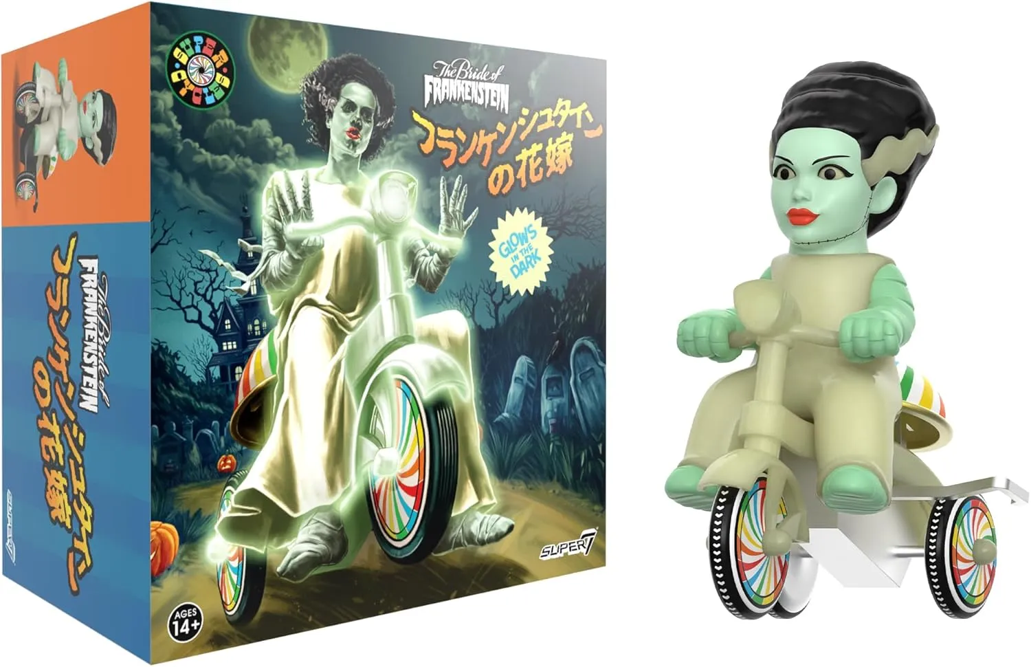 Super7 Super Cycles Universal Monsters Bride of Frankenstein with Wind-Up Glow Trike - 5" Universal Monsters Action Figure Collectibles and Retro Toys