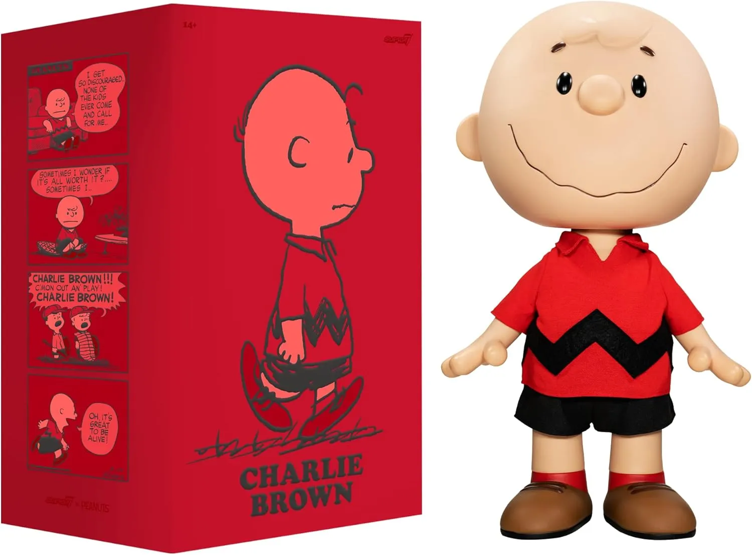 Super7 Supersize Peanuts Charlie Brown (Red Shirt) - 16" Peanuts Action Figure with Fabric Clothing Classic Cartoon Collectibles and Retro Toys