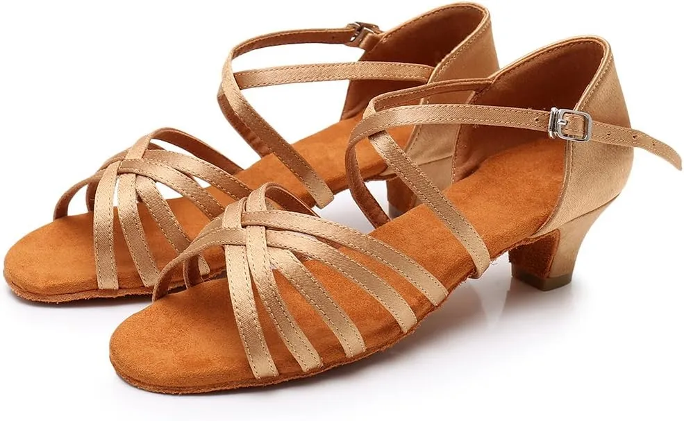 SWDZM Girls Latin Dance Shoes Satin Suede Sole Ballroom Salsa Tango Professional Performance Practice Dance Shoes