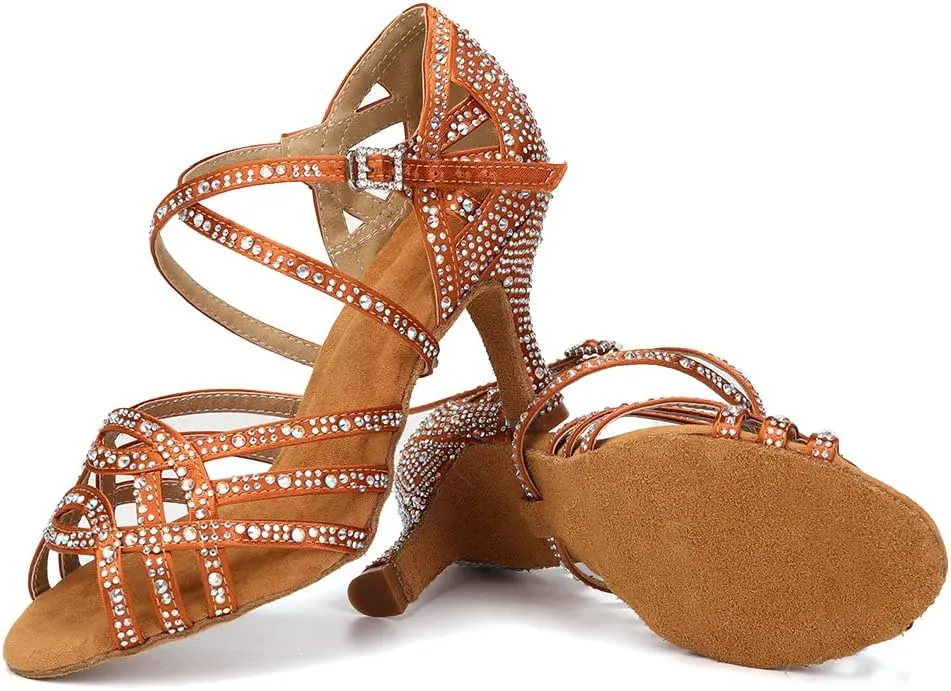 SWDZM Women's Latin Dance Shoes Rhinestone Salsa Chacha Ballroom Performance Practice Dancing Shoes,Model-YCL357