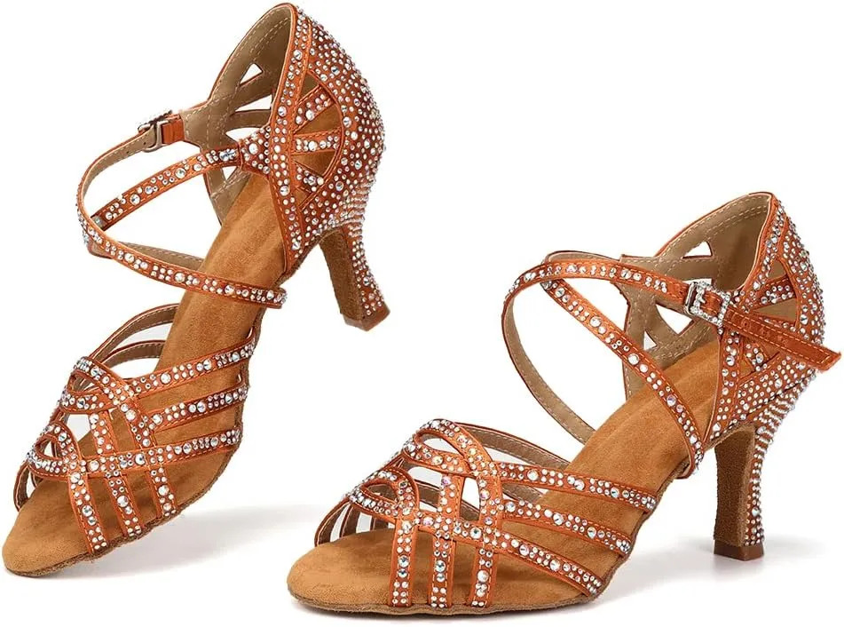 SWDZM Women's Latin Dance Shoes Rhinestone Salsa Chacha Ballroom Performance Practice Dancing Shoes,Model-YCL357