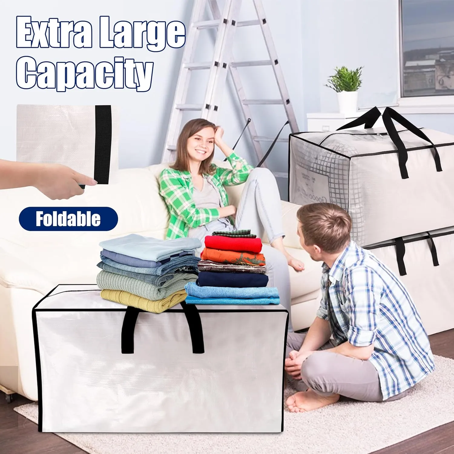 SWEET DOLPHIN 6 Pack Extra Large Moving Bags with Strong Zippers & Carrying Handles, Heavy Duty Storage Tote for Space Saving Moving Storage, Fold Flat, Alternative to Moving Box, Semi-Transparent