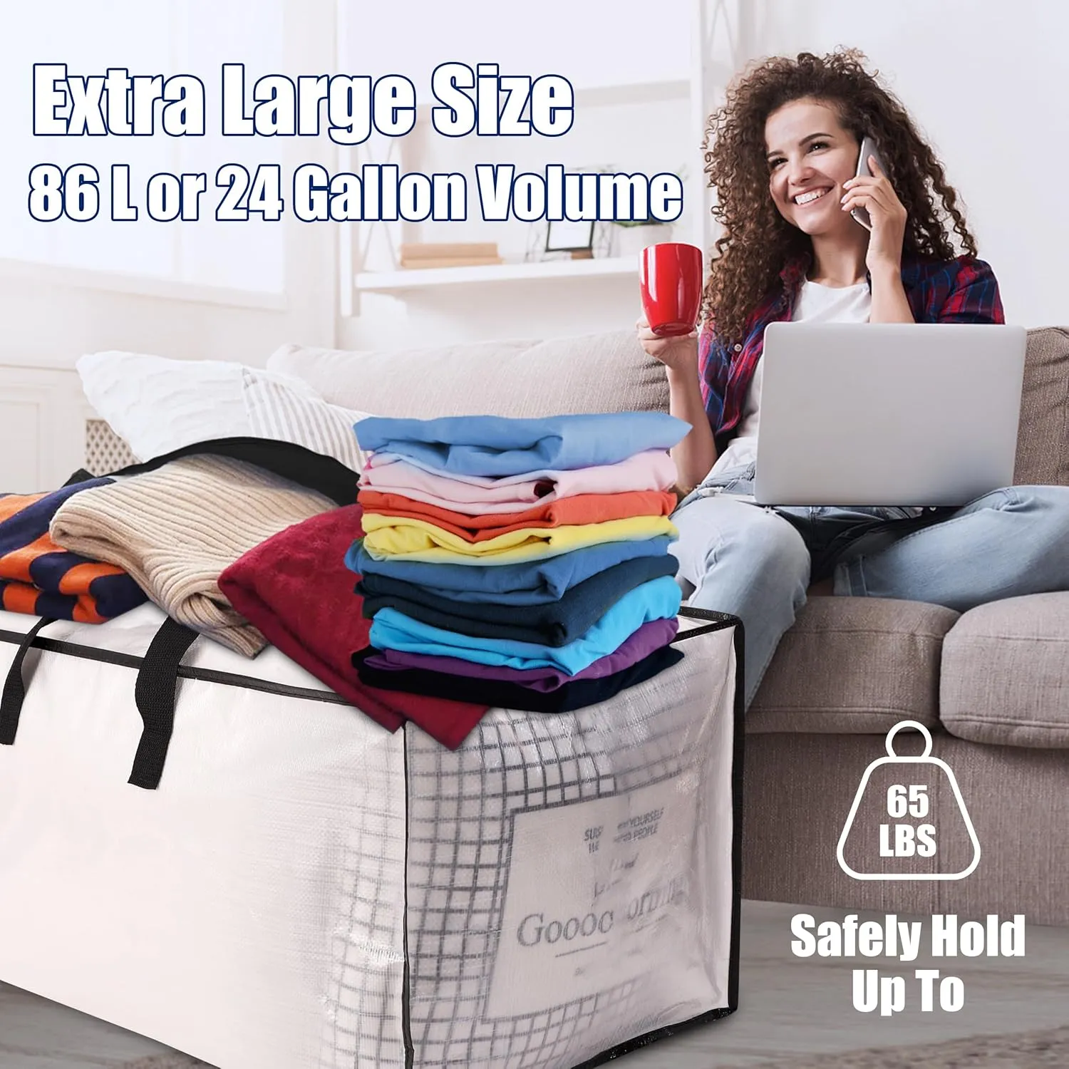 SWEET DOLPHIN 6 Pack Extra Large Moving Bags with Strong Zippers & Carrying Handles, Heavy Duty Storage Tote for Space Saving Moving Storage, Fold Flat, Alternative to Moving Box, Semi-Transparent